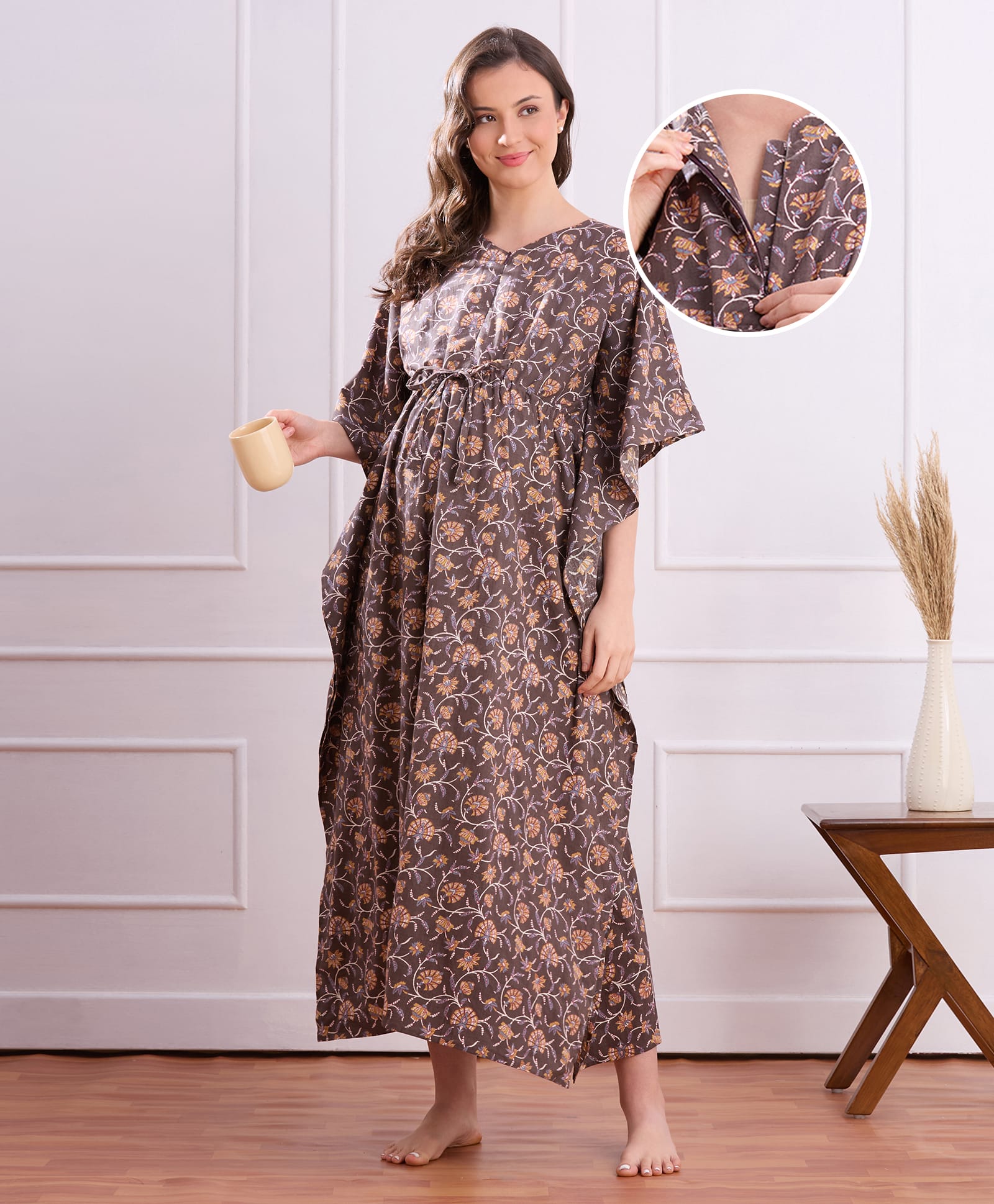 Bella Mama Cotton Woven Half Sleeves Maternity Nursing Kaftan with Floral Print -Brown-image-46