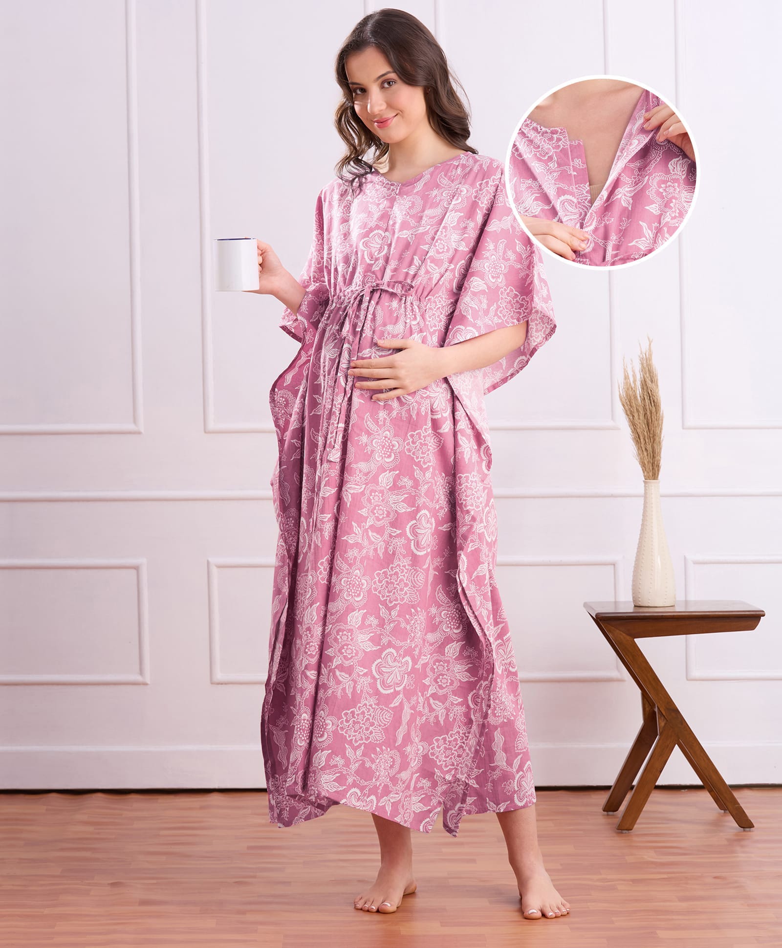 Bella Mama Cotton Woven Half Sleeves Maternity Kaftan Nighty with Floral Print - Pink