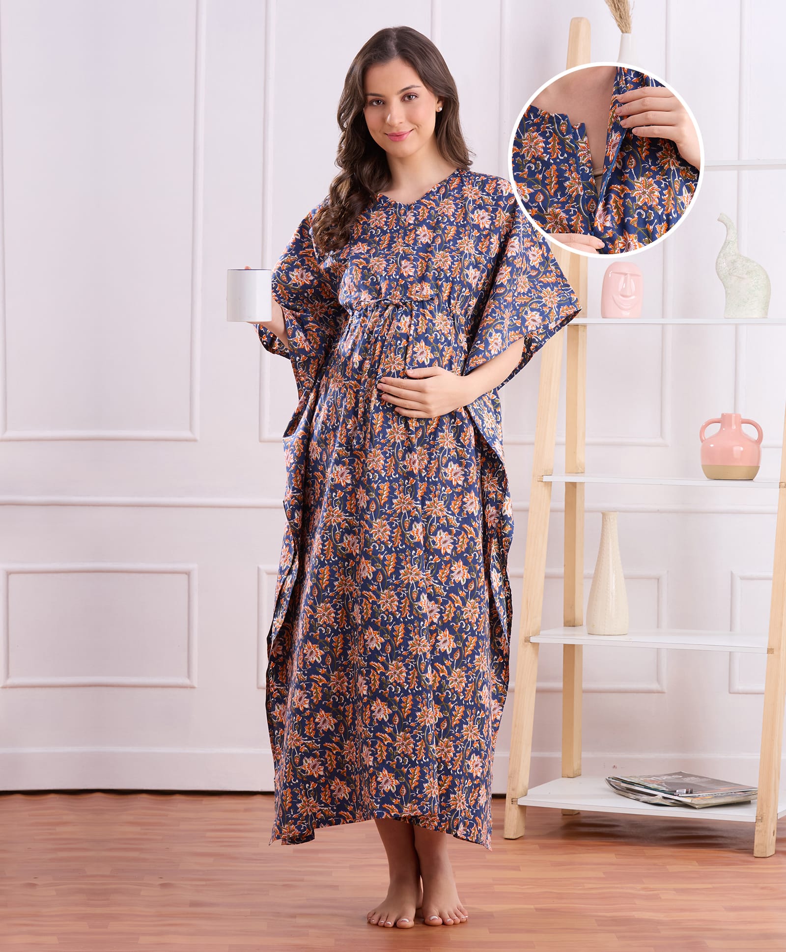 Bella Mama Cotton Woven Half Sleeves Maternity Kaftan Nighty with Floral Print - Blue-image-27