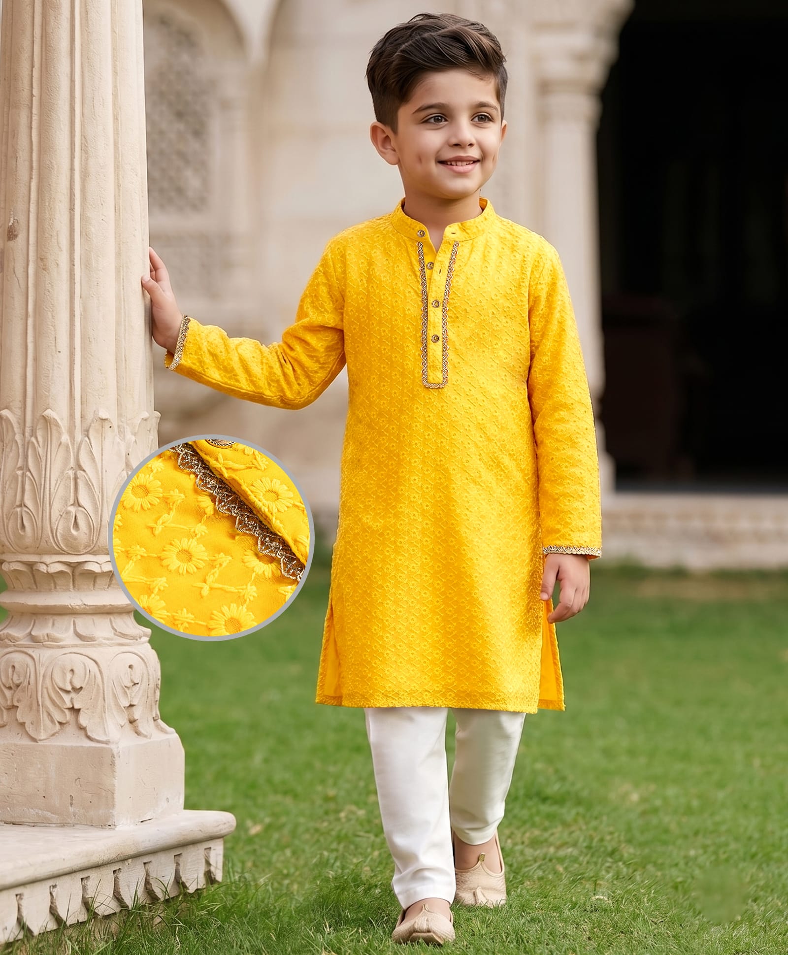 EARTHY TOUCH Woven Full Sleeves Kurta Pajama Set with Floral Embroidery - Yellow-image-47