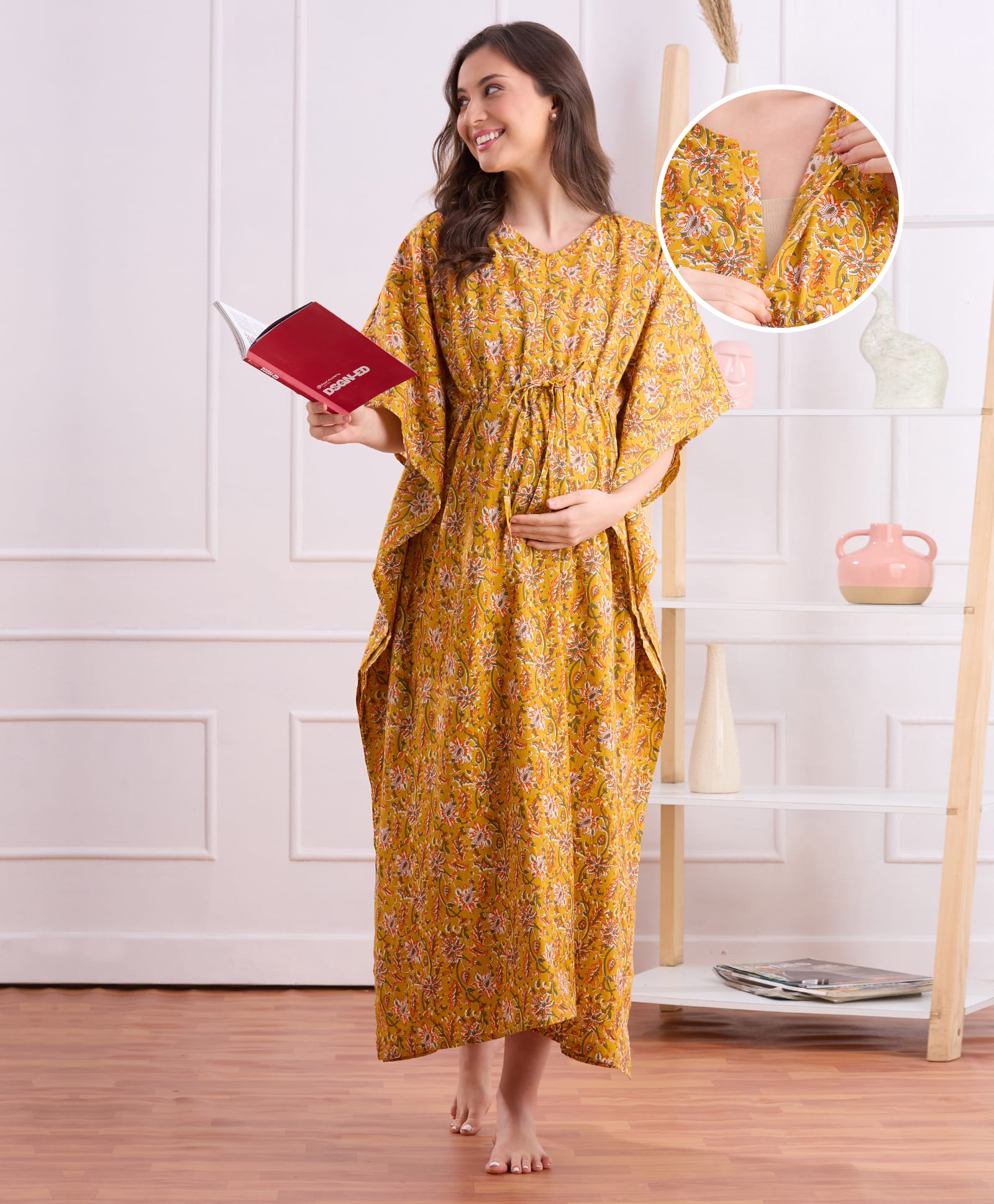 Bella Mama Cotton Woven Half Sleeves Maternity Kaftan Nighty with Floral Print - Yellow