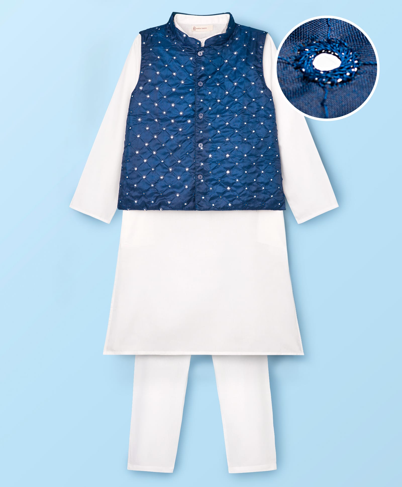 EARTHY TOUCH Cotton Woven Full Sleeves Kurta Pyjama Set with Jacket & Embroidery - Blue-image-35
