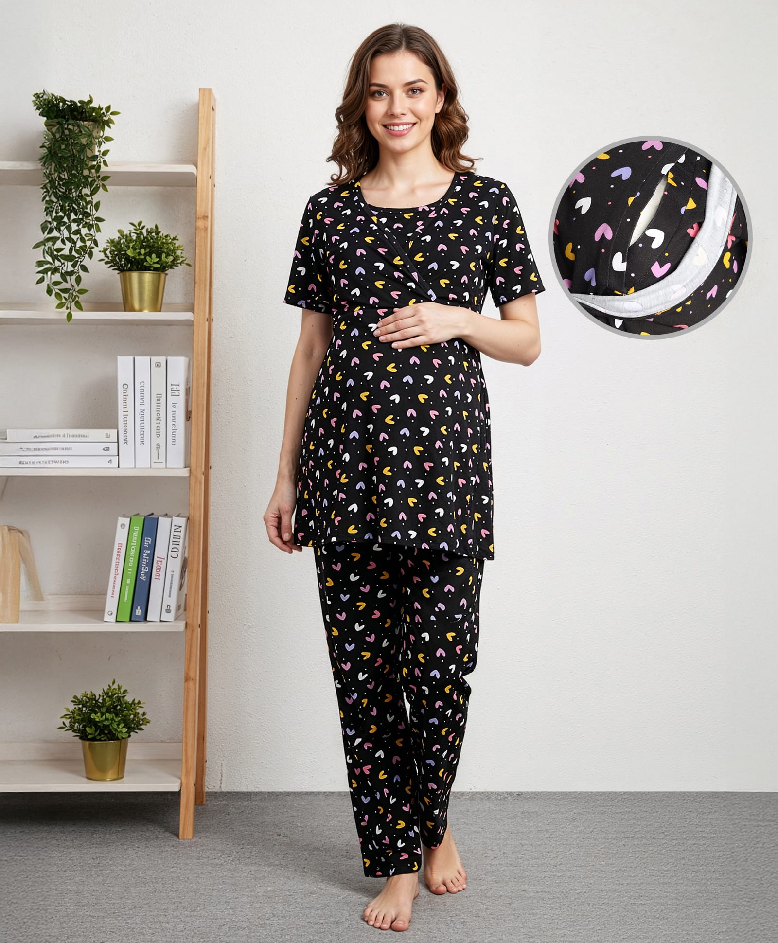 Bella Mama Cotton Knit Half Sleeves Co-ords Nursing Night Suit with Heart Print - Black-picture-20