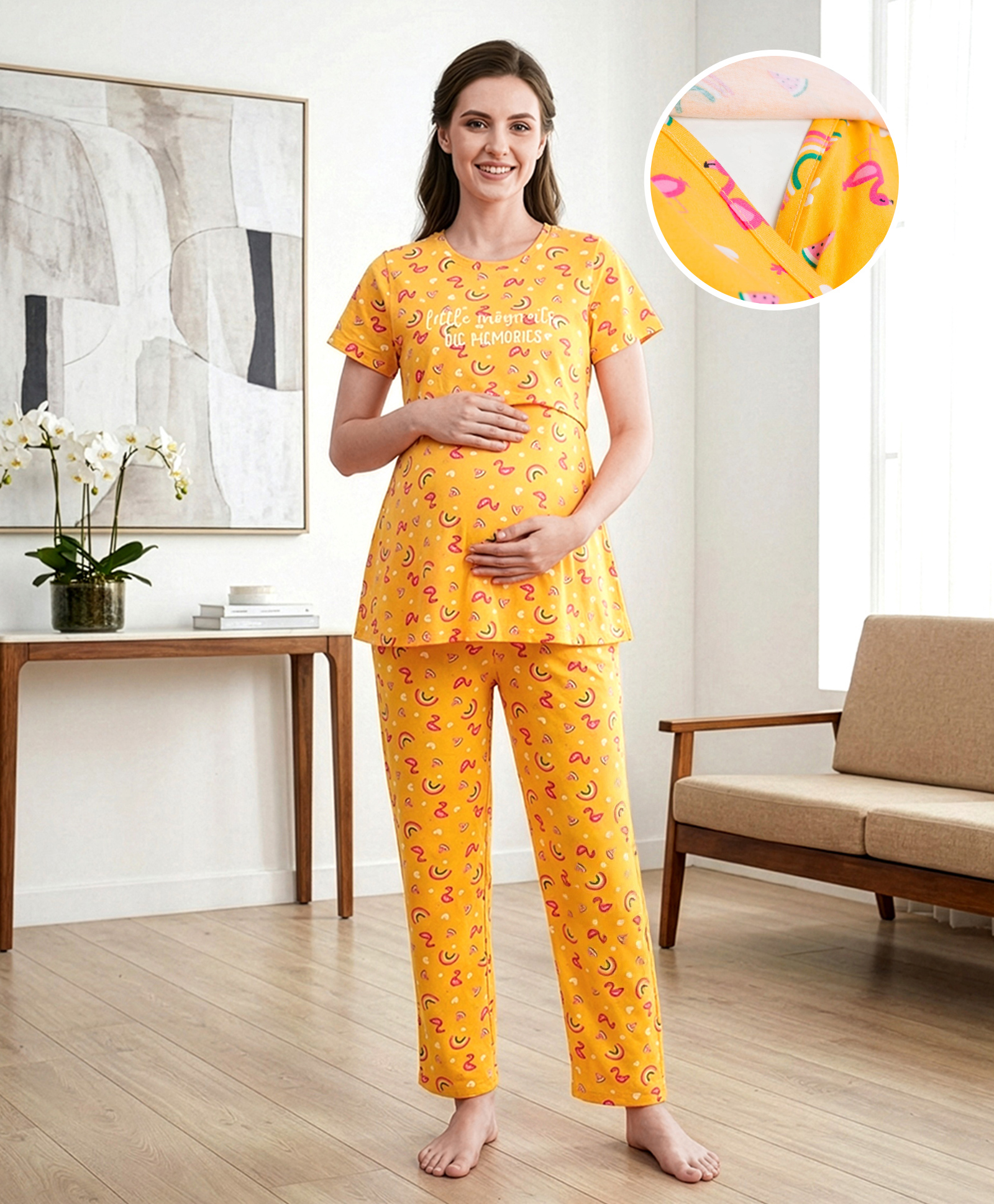 Bella Mama Cotton Knit Half Sleeve Nursing Night Suit with Floral Print - Yellow