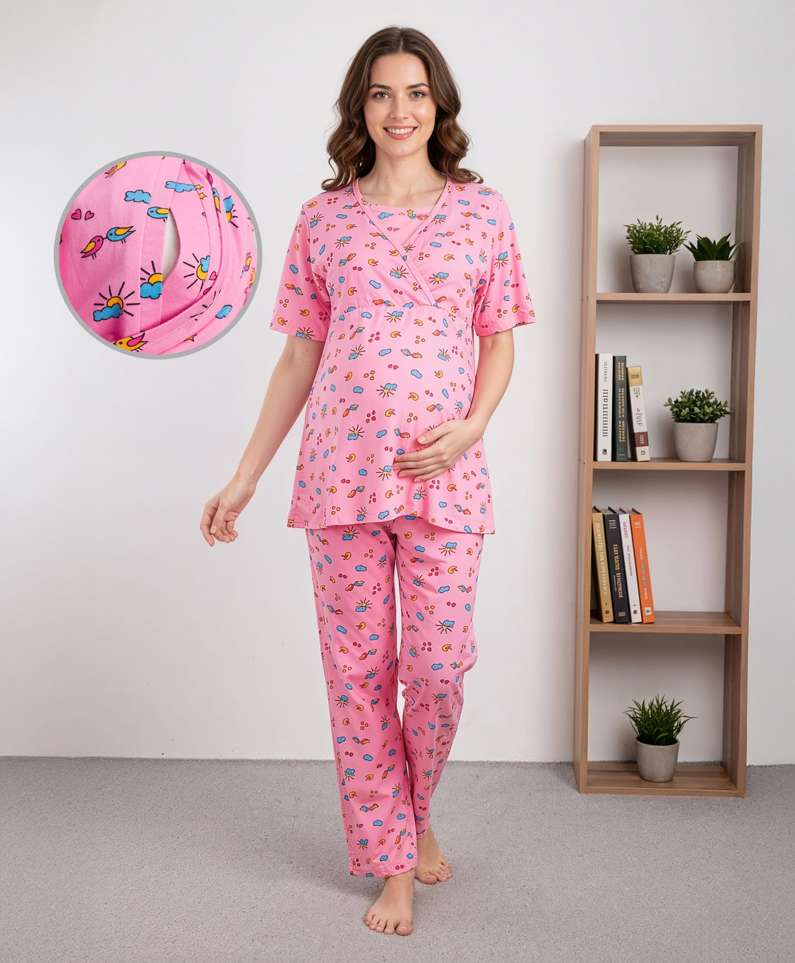 Bella Mama Cotton Knit Half Sleeves Nursing Night Suit Tropical Print - Pink-image-9
