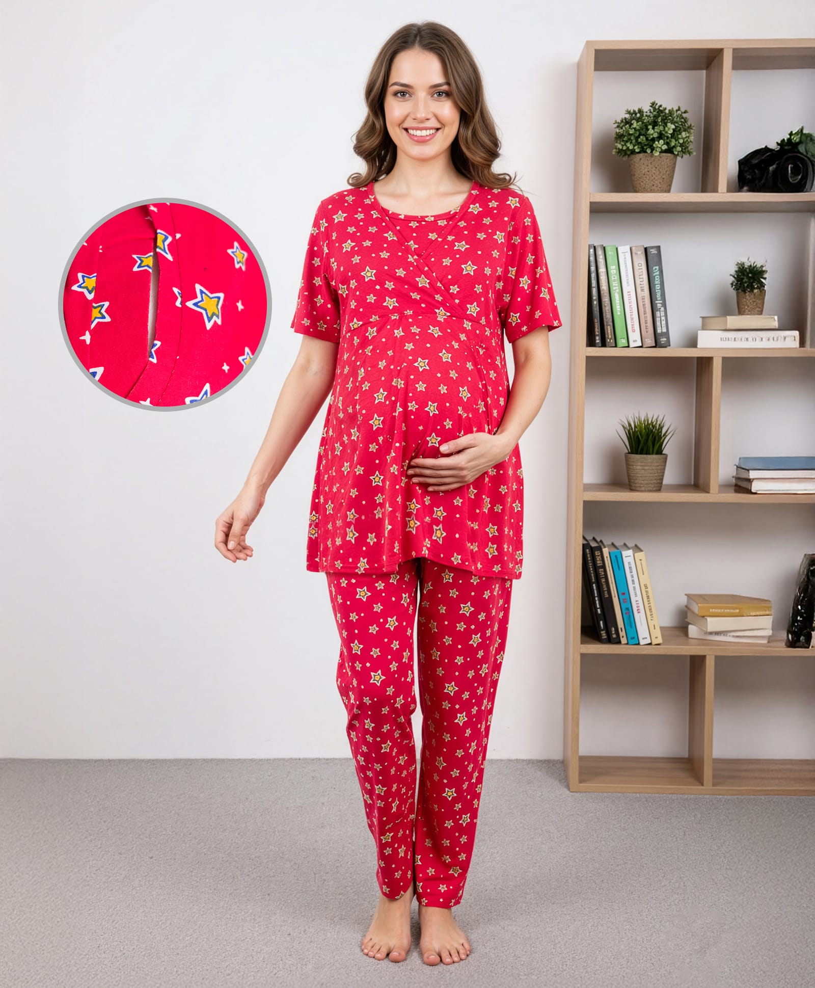 Bella Mama Cotton Knit Half Sleeves Nursing Night Suit with Star Print - Red-image-25