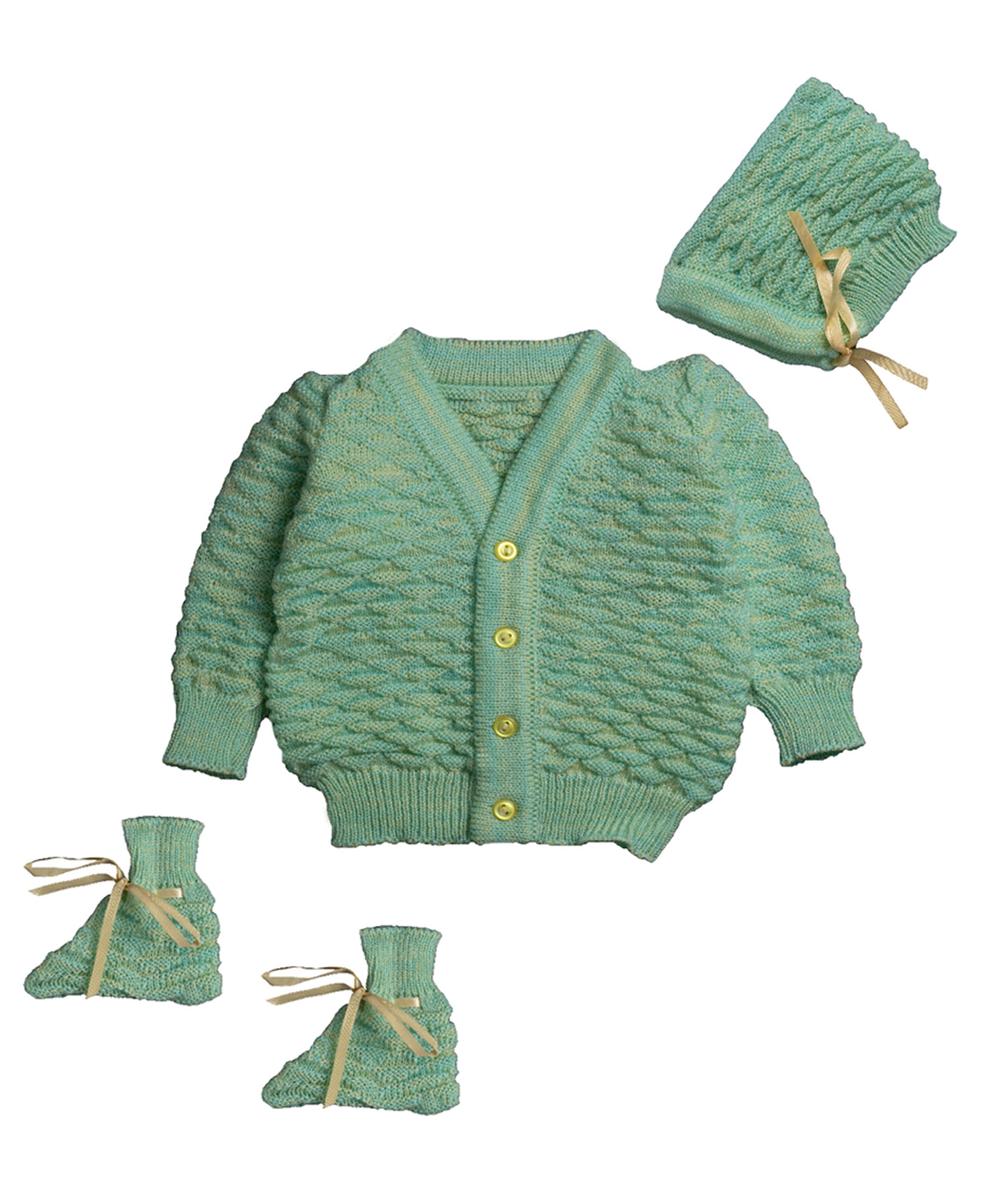 Little Angels Woollen Knit Full Sleeves Self Designed Sweater With Cap & Booties - Lime mint-image-12
