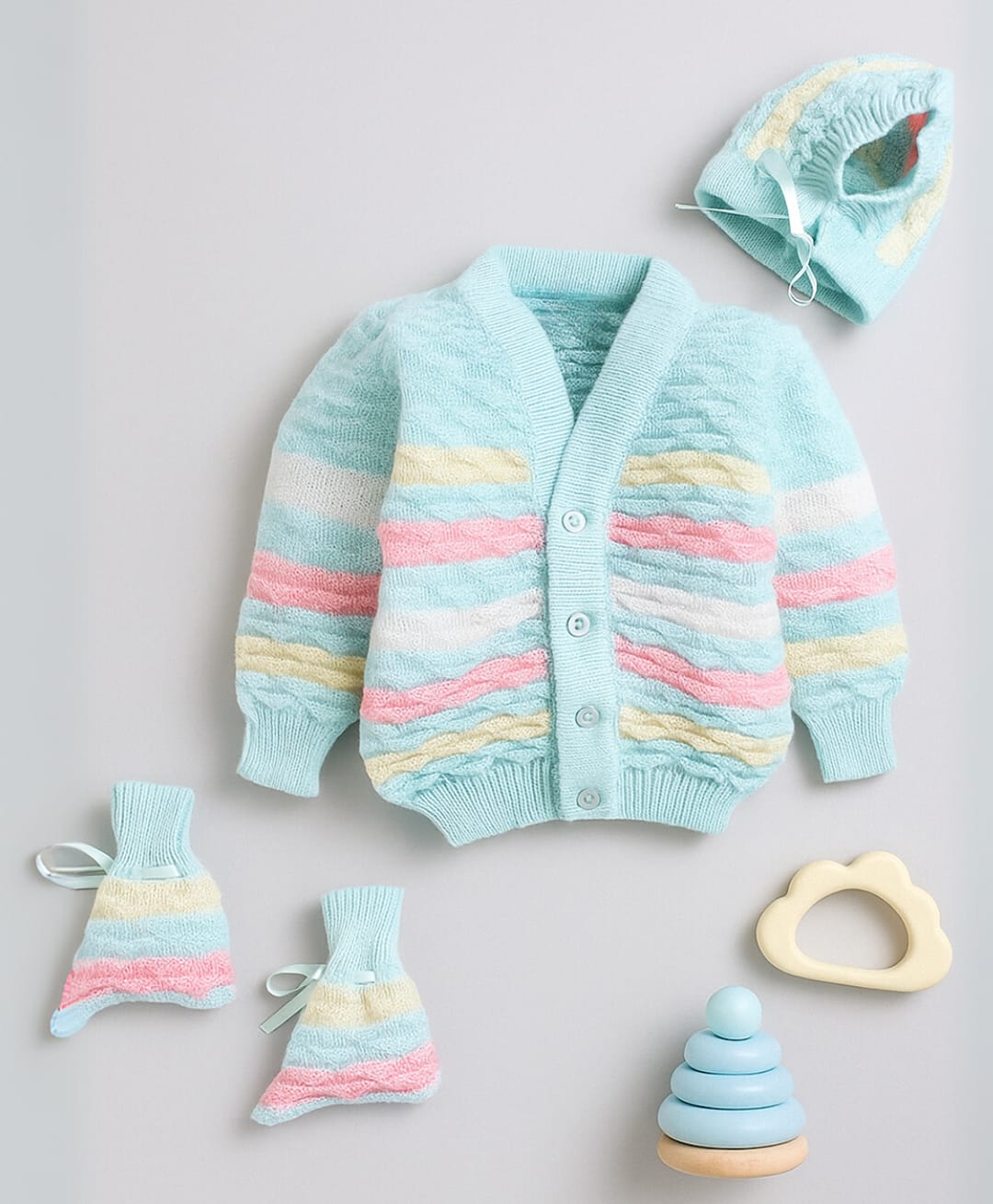 Little Angels Woollen Knit Full Sleeves Striped Sweater With Cap & Booties - Green-image-31