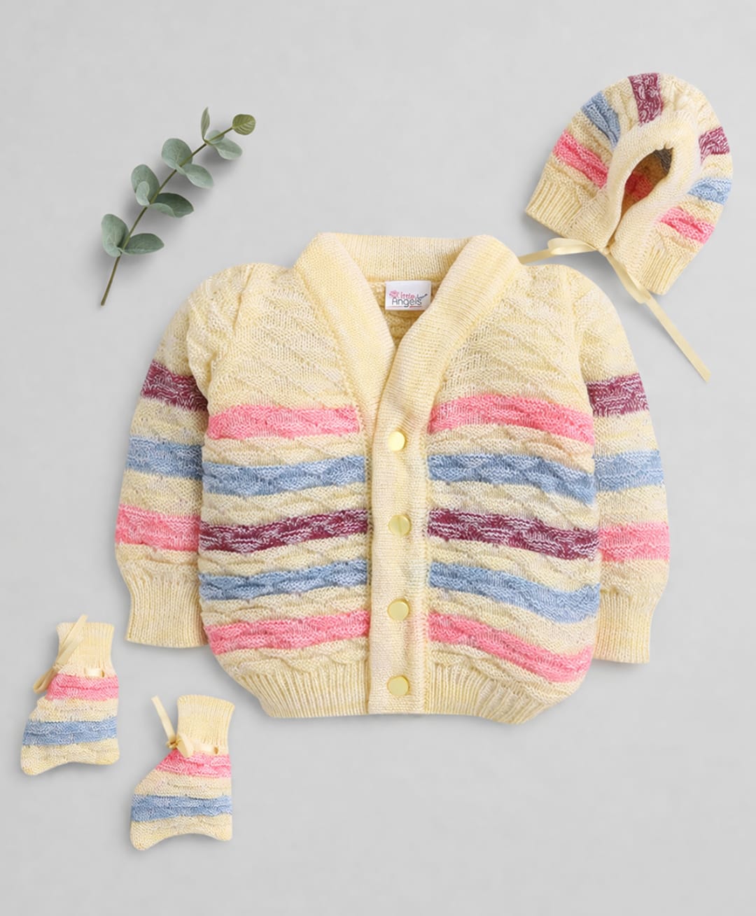 Little Angels Woollen Knit Full Sleeves Striped Sweater With Cap & Booties - Yellow-picture-22