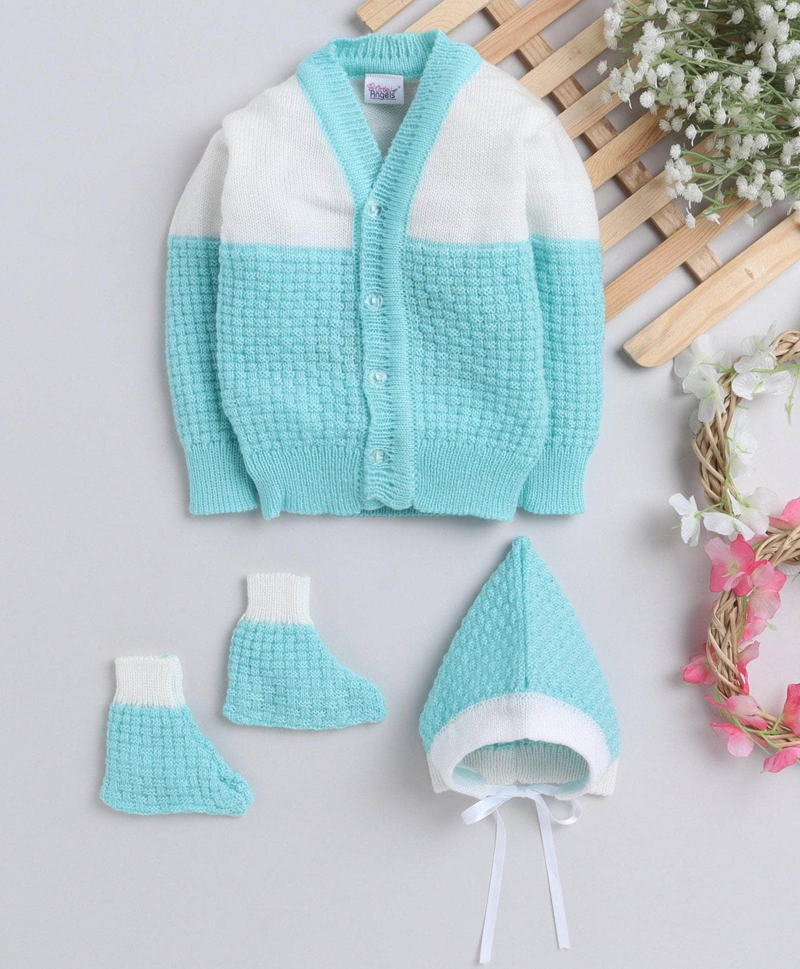 Little Angels Woollen Knit Full Sleeves Colour Blocked Sweater With Cap & Booties - Green-image-33