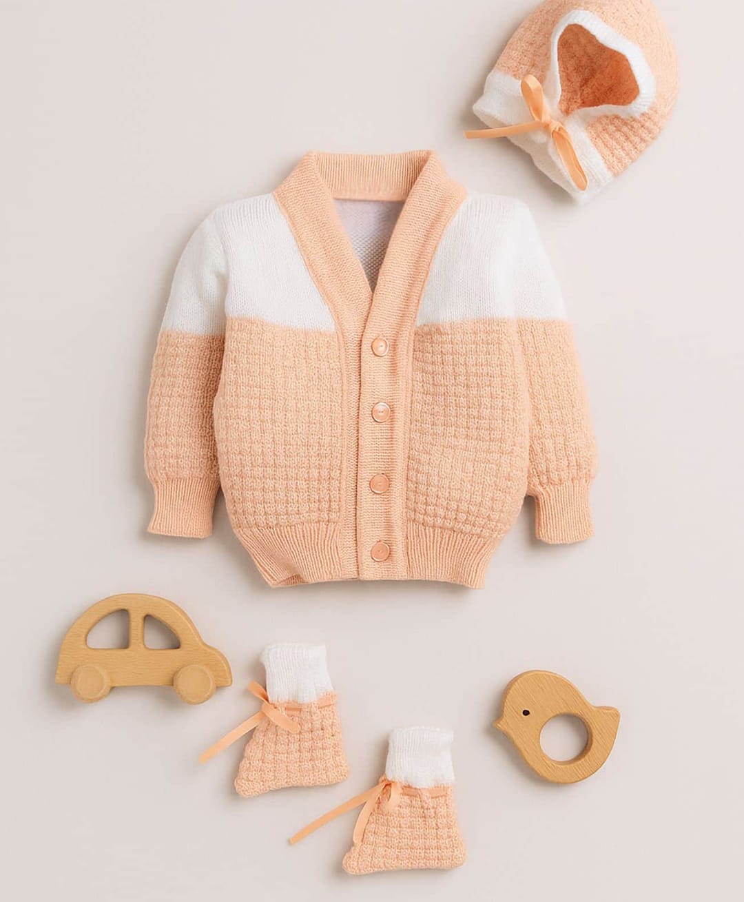 Little Angels Woollen Knit Full Sleeves Colour Blocked Sweater With Cap & Booties - Peach-image-37