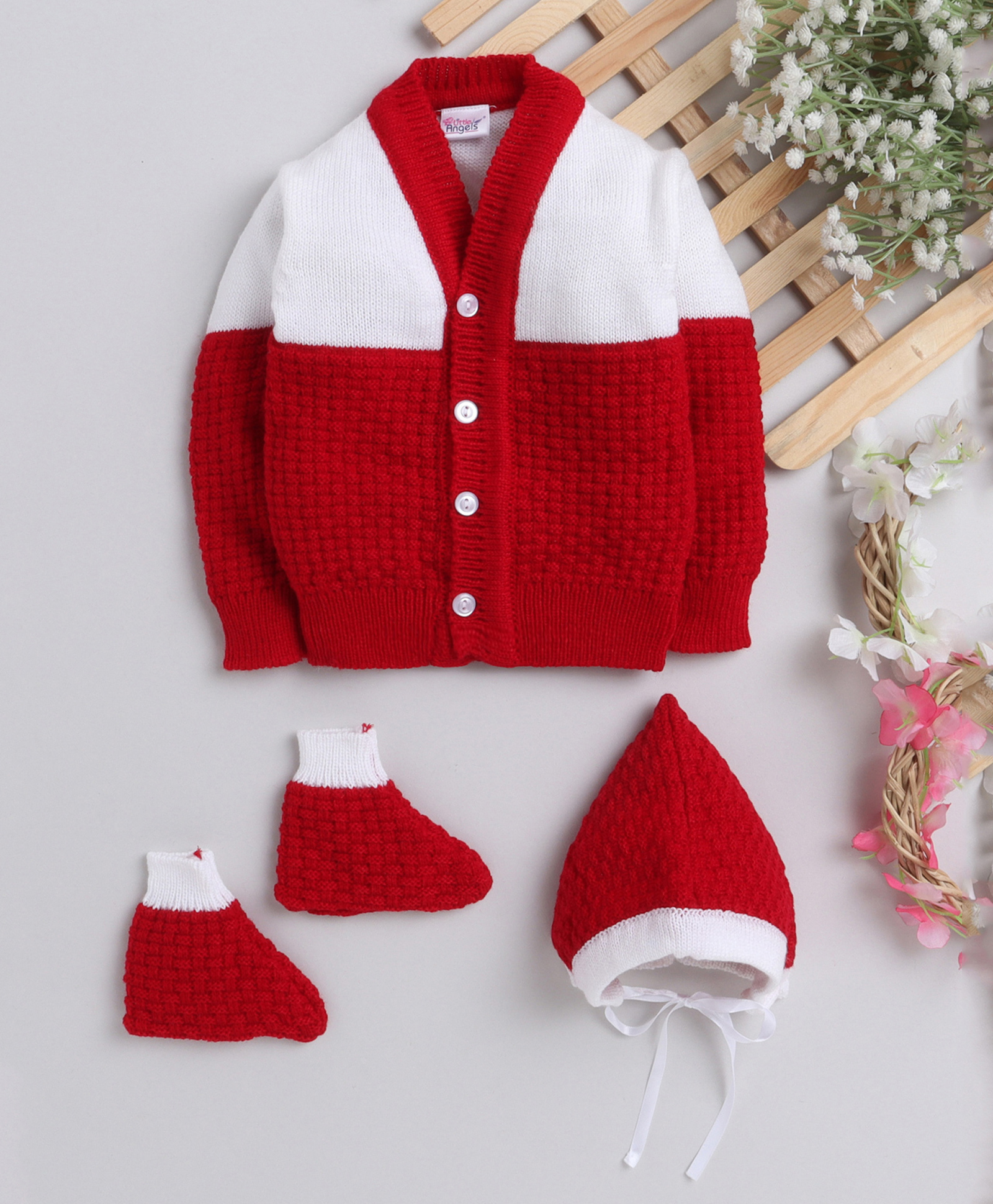 Little Angels Woollen Knit Full Sleeves Colour Blocked Sweater With Cap & Booties - Red-image-5
