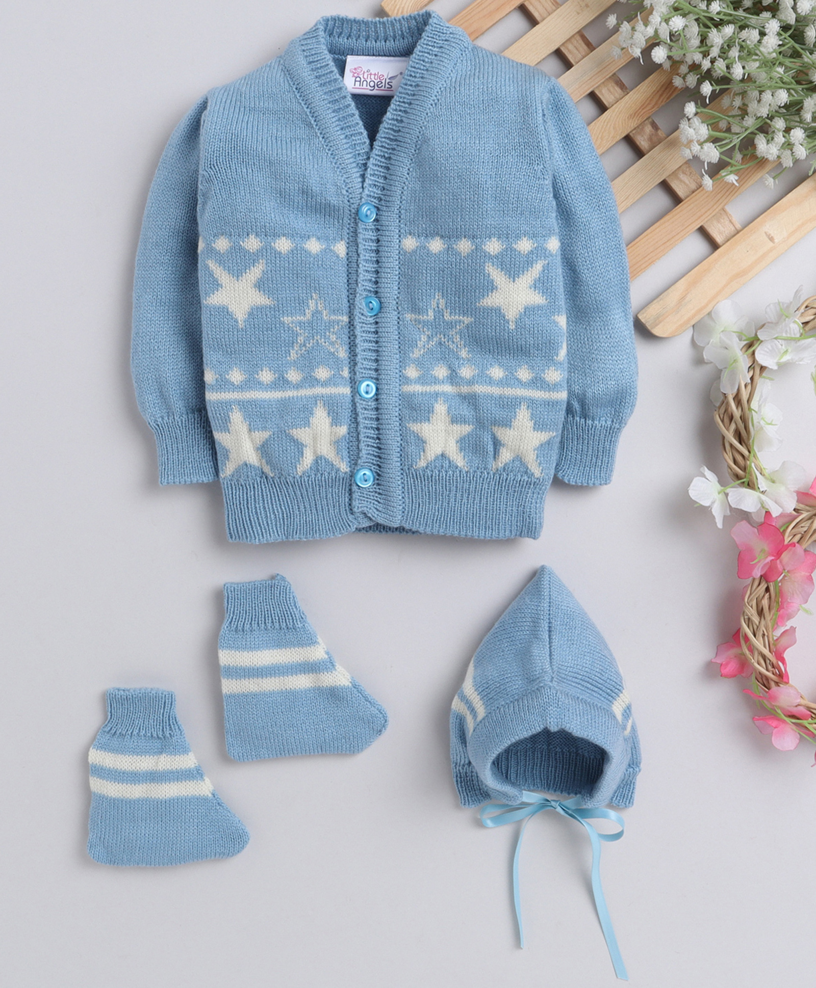 Little Angels Woollen Knit Full Sleeves Stars Designed Sweater With Cap & Booties - Blue & Cream-picture-12