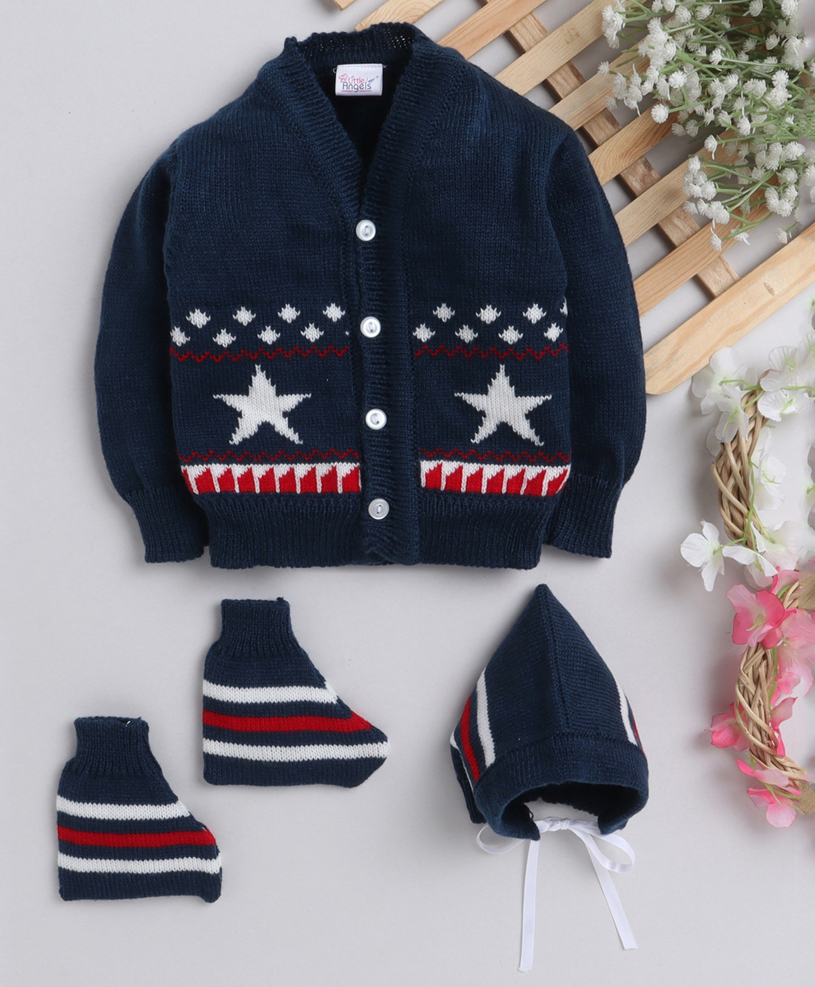 Little Angels Woollen Knit Full Sleeves Stars Designed Sweater With Cap & Booties - Navy-image-32