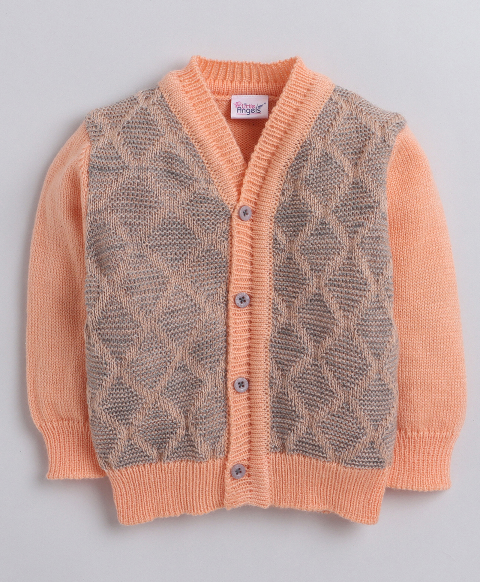 Little Angels Woollen Knit Full Sleeves Checkered Designed Cardigan - Peach & Gray-image-9
