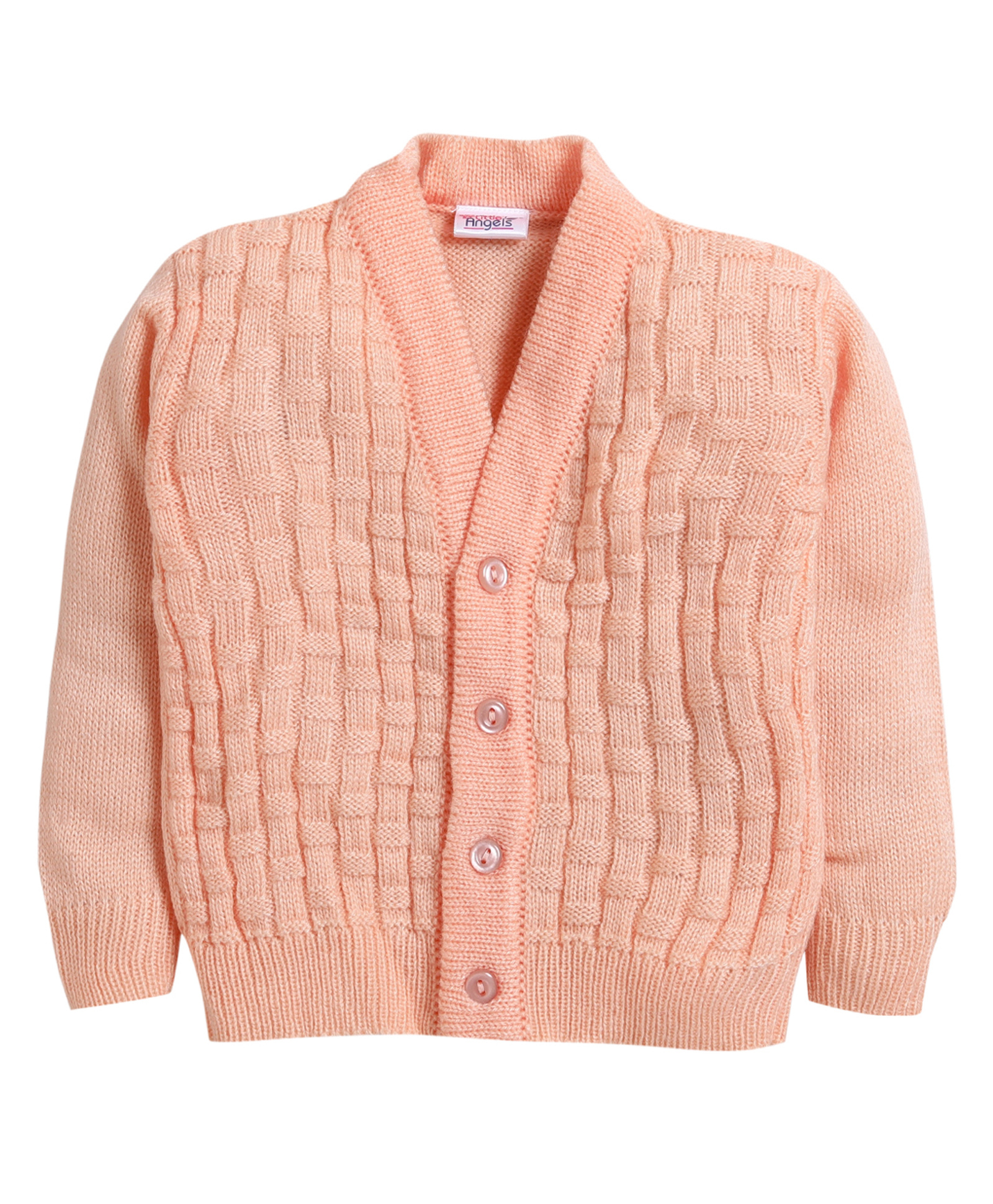 Little Angels Woollen Knit Full Sleeves Self Designed Cardigan - Peach-image-12