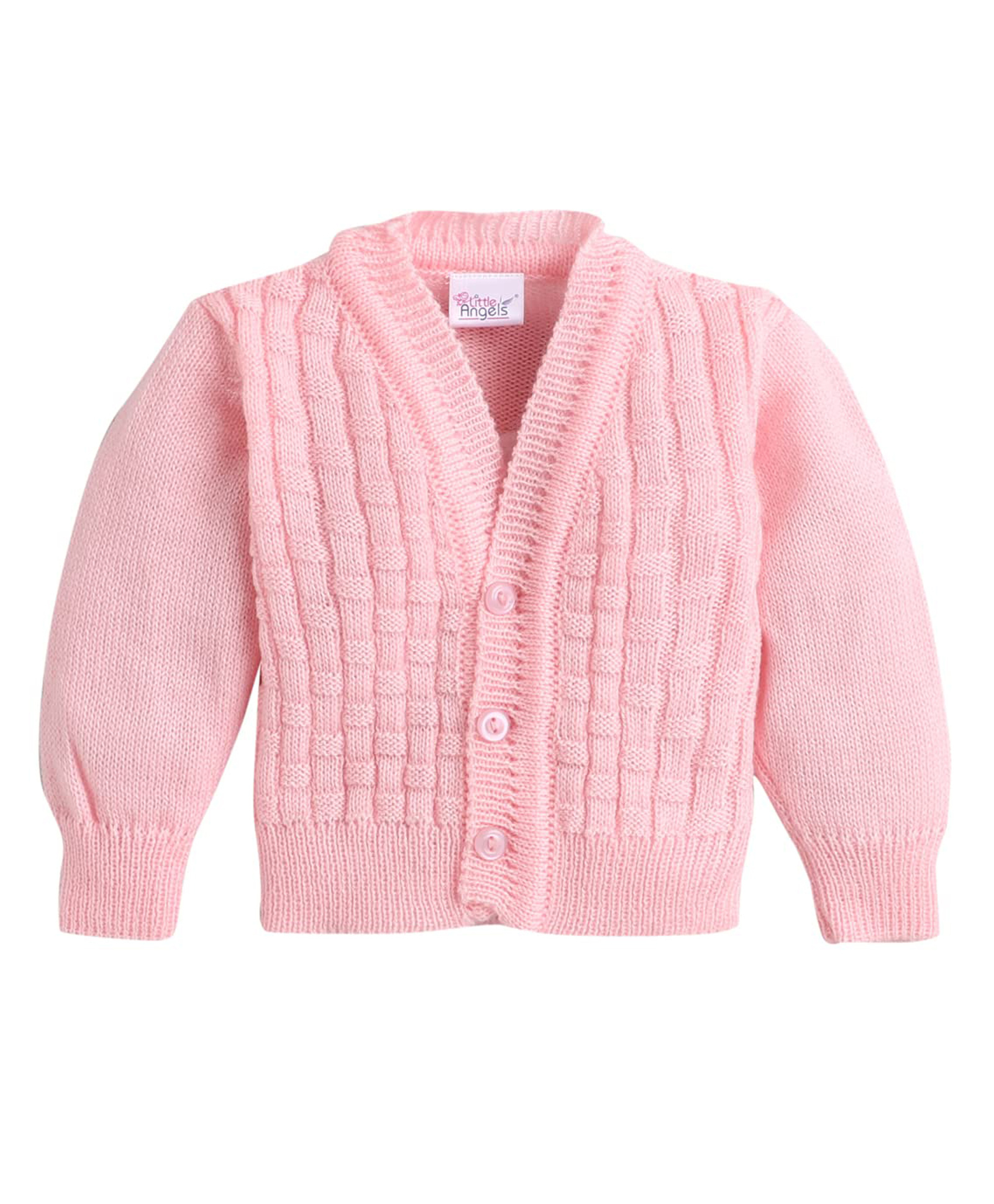 Little Angels Woollen Knit Full Sleeves Self Designed Cardigan - Pink-image-37