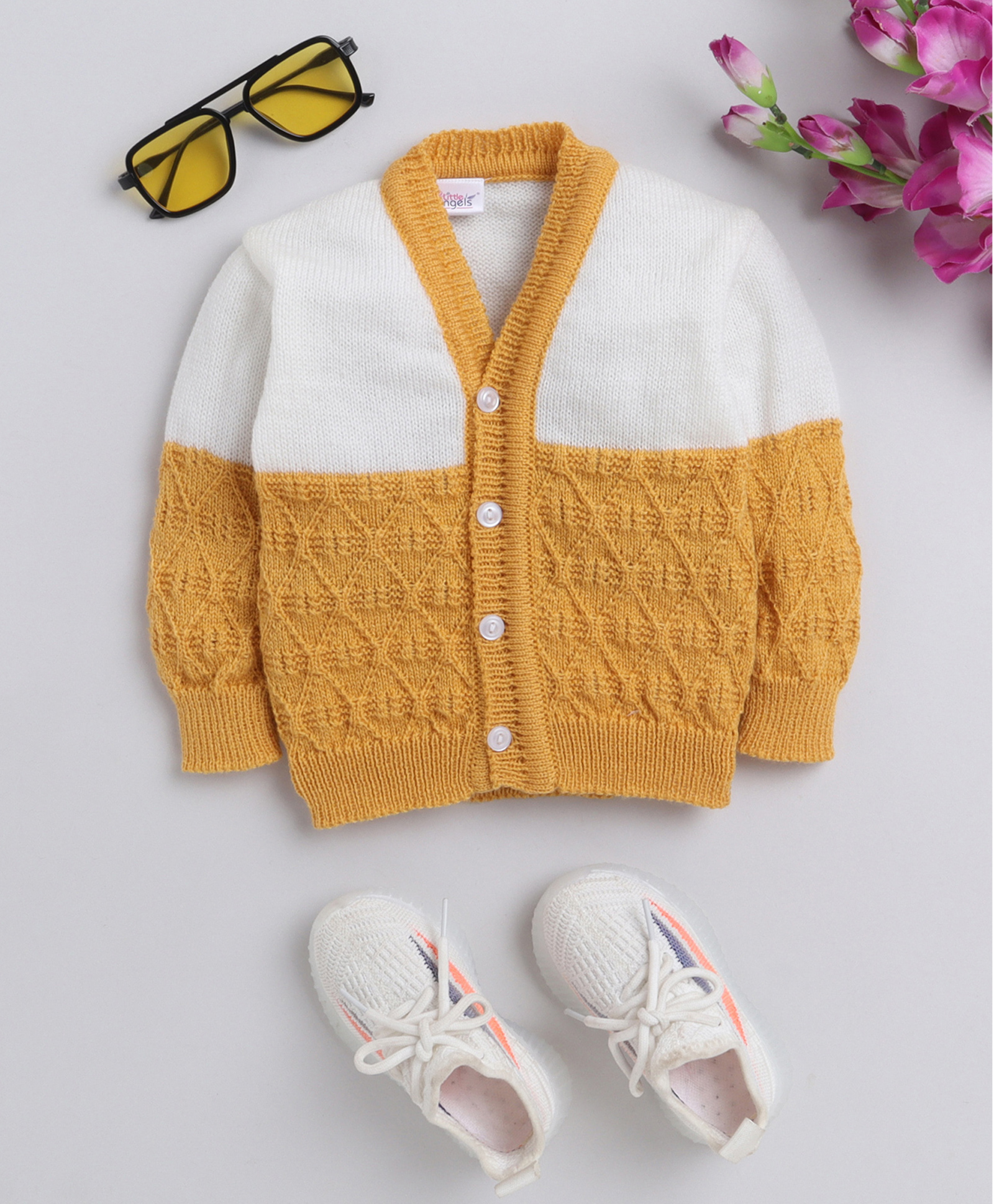 Little Angels Woollen Knit Full Sleeves Colour Blocked Cardigan - Mustard & White-image-46