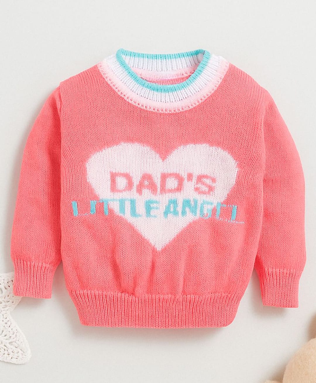 Little Angels Woollen Knit Full Sleeves Heart Designed Sweater - Neon Pink-picture-26
