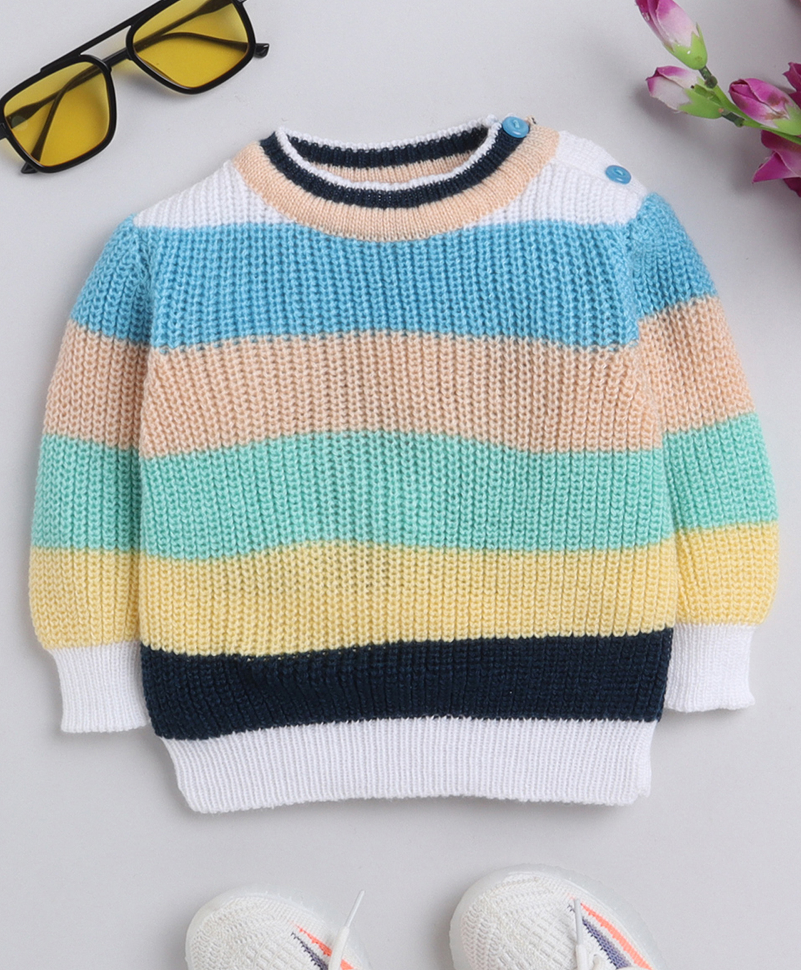 Little Angels Woollen Knit Full Sleeves Striped Sweater - Multi Colour-image-11