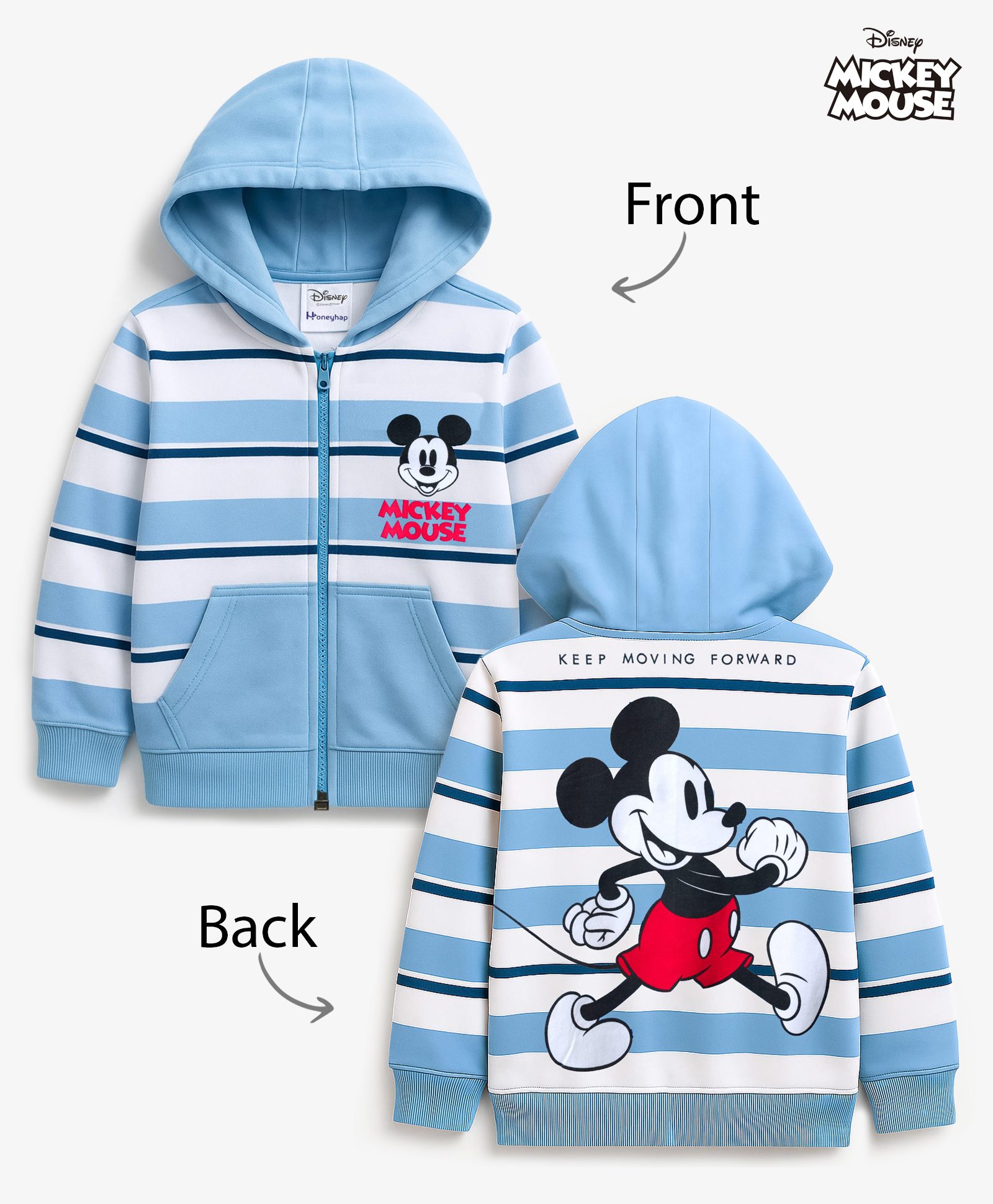 HoneyHap Disney Terry Knit Full Sleeve Hooded Full Sleeve Drop Shoulder Sweatjacket with Front & Back Mickey Mouse Graphic & Kangaroo Pocket Detailing - Light Blue-image-11