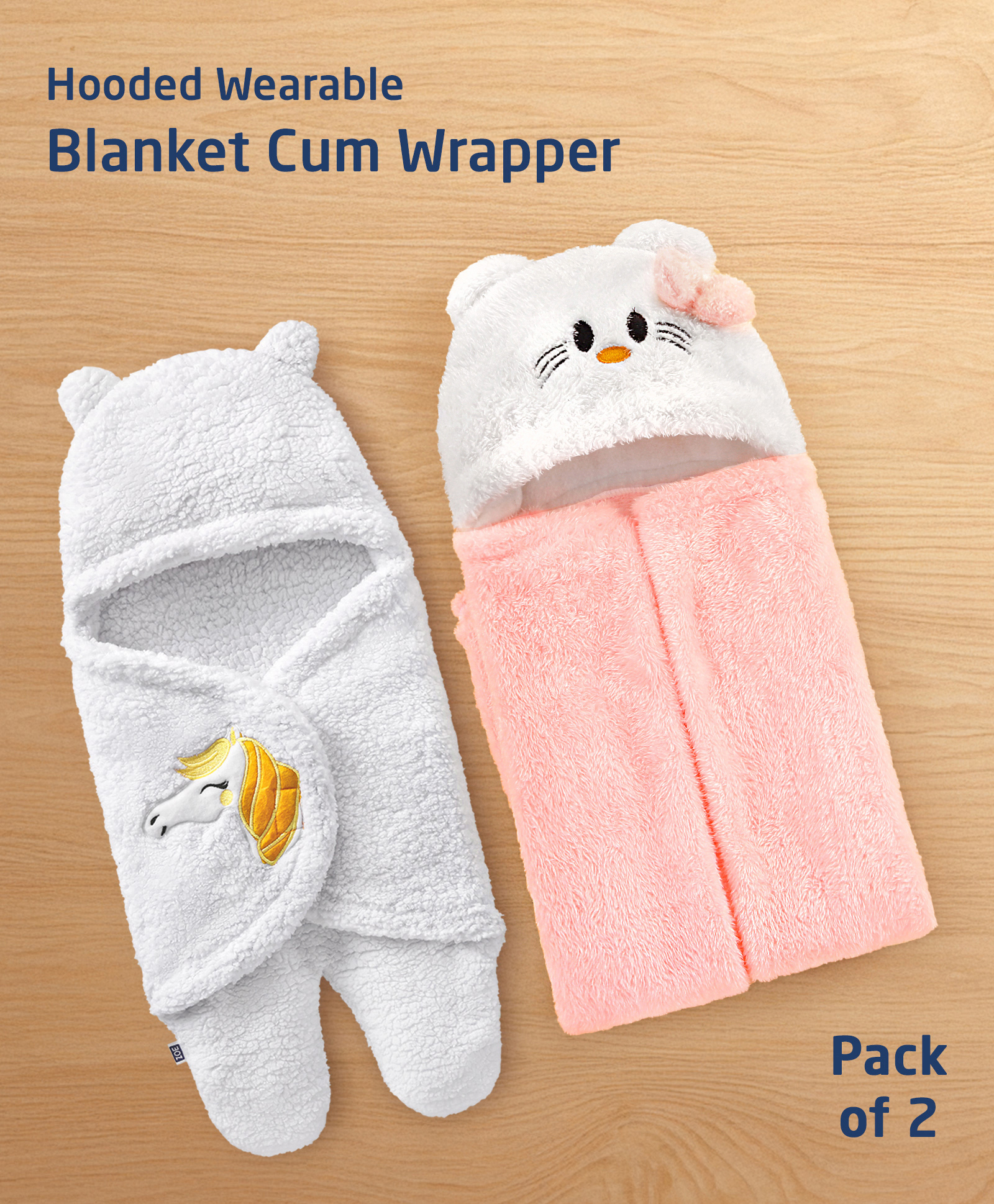 ZOE Supersoft Hooded Wearable Blanket cum Wrapper with Unicorn Patch & Hooded Bear Bath Wrapper Pack of 2 - Pink & White| New Born Gifting Option| All Season| Soft & Comfortable| Warm & Cozy-picture-14