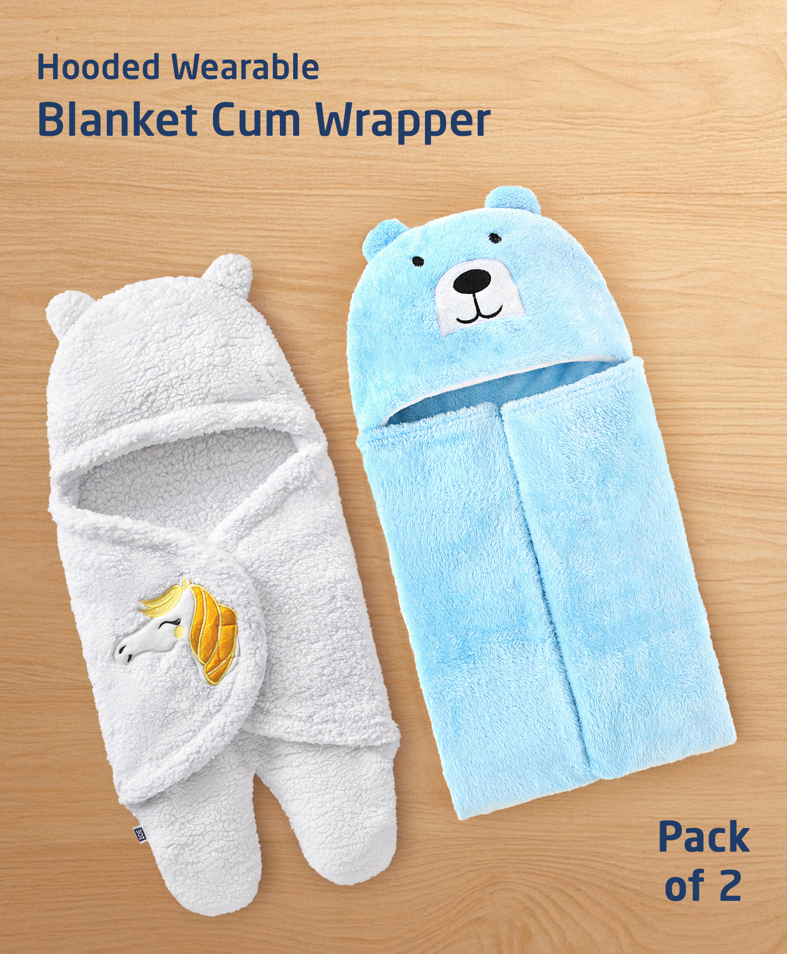 ZOE Supersoft Hooded Wearable Blanket cum Wrapper with Unicorn Patch & Hooded Bear Bath Wrapper Pack of 2 - Blue & White| New Born Gifting Option| All Season| Soft & Comfortable| Warm & Cozy-image-47