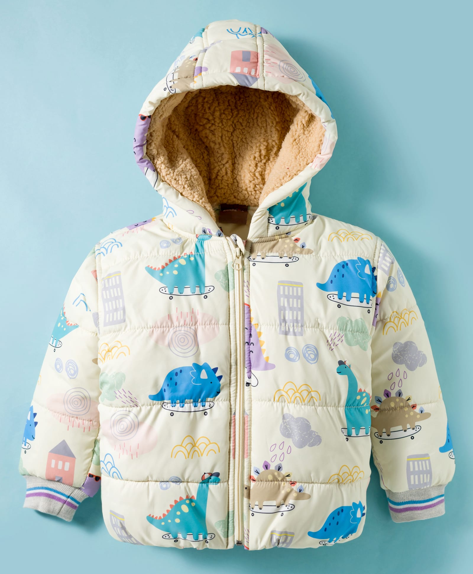 Little Kangaroos Woven Full Sleeves Padded Hooded Jacket With Dino Print - Beige-picture-23
