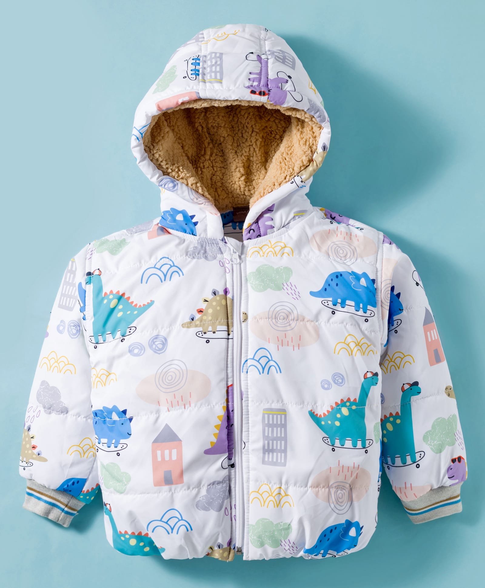 Little Kangaroos Woven Full Sleeves Padded Hooded Jacket With Dino Print - Offwhite-picture-24