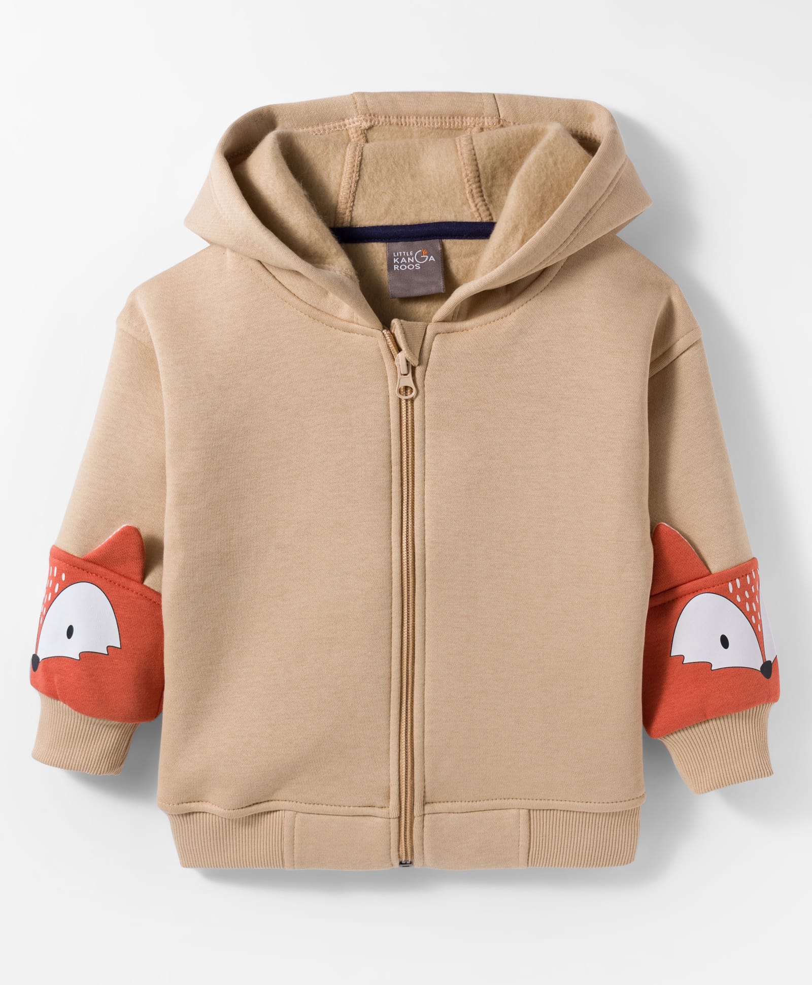 Little Kangaroos Fleece Knit Full Sleeves Hooded Sweatjacket With Fox Applique - Tan-image-16