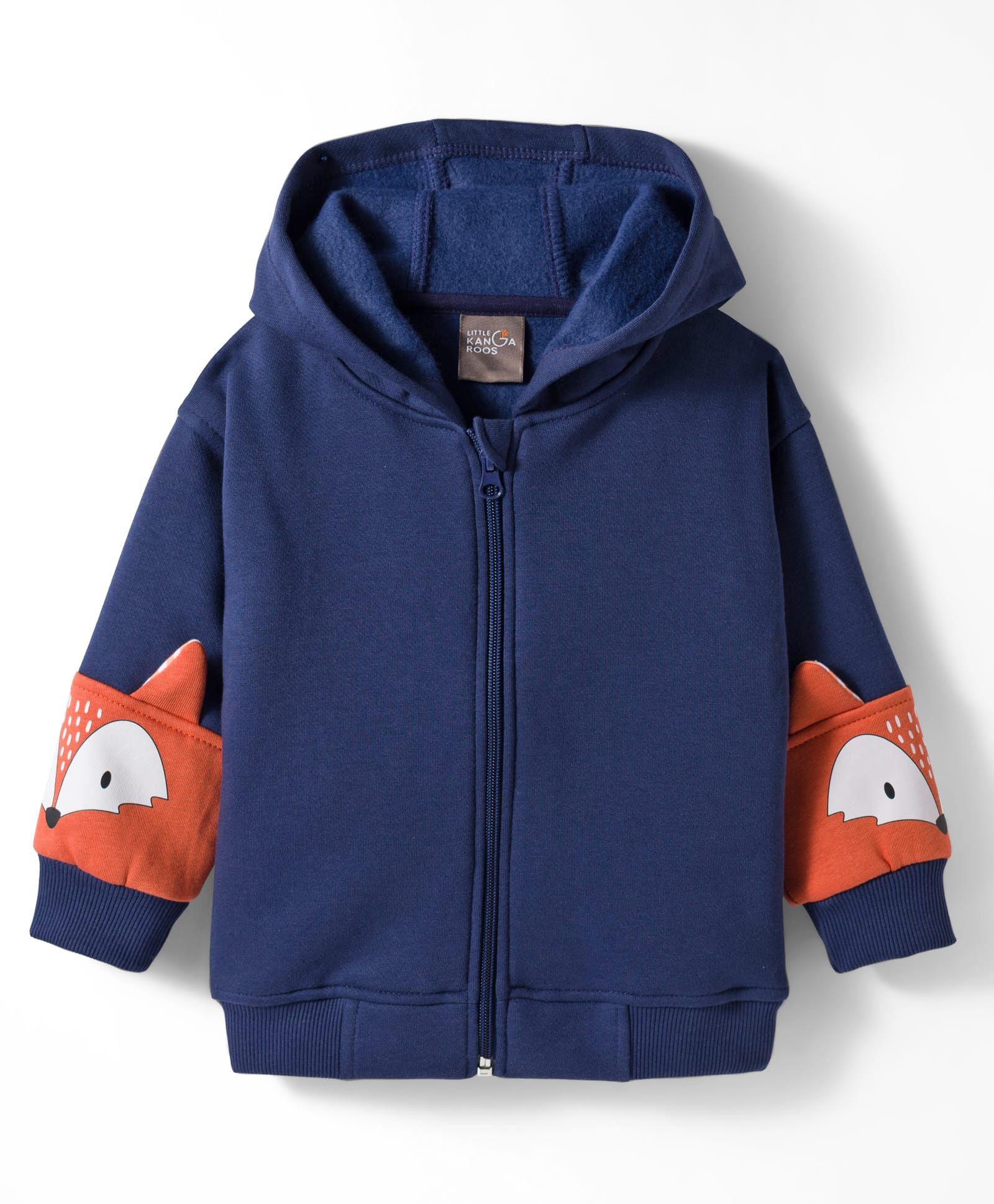 Little Kangaroos Fleece Knit Full Sleeves Hooded Sweatjacket With Fox Applique - Navy Blue-image-18