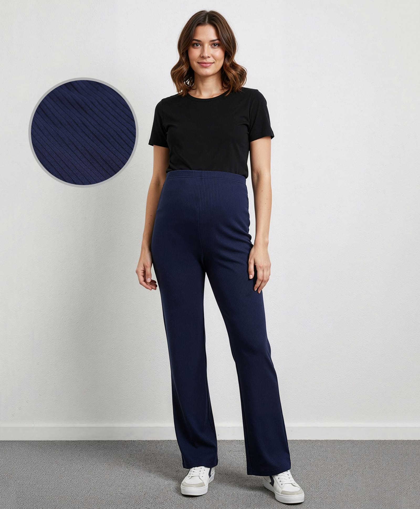 Bella Mama Full Length High Coverage Maternity Rib Knit Solid Coloured Pant - Navy Blue
