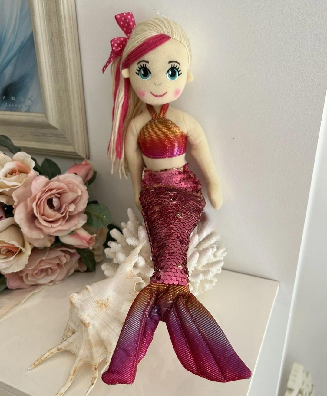 Tickles Mermaid Princess Soft Doll with Sparkly Sequin Tail & Bow Hair for Kids Boys & Girls Birthday Gifts (Color: Pink Size: 45 cm)-image-48