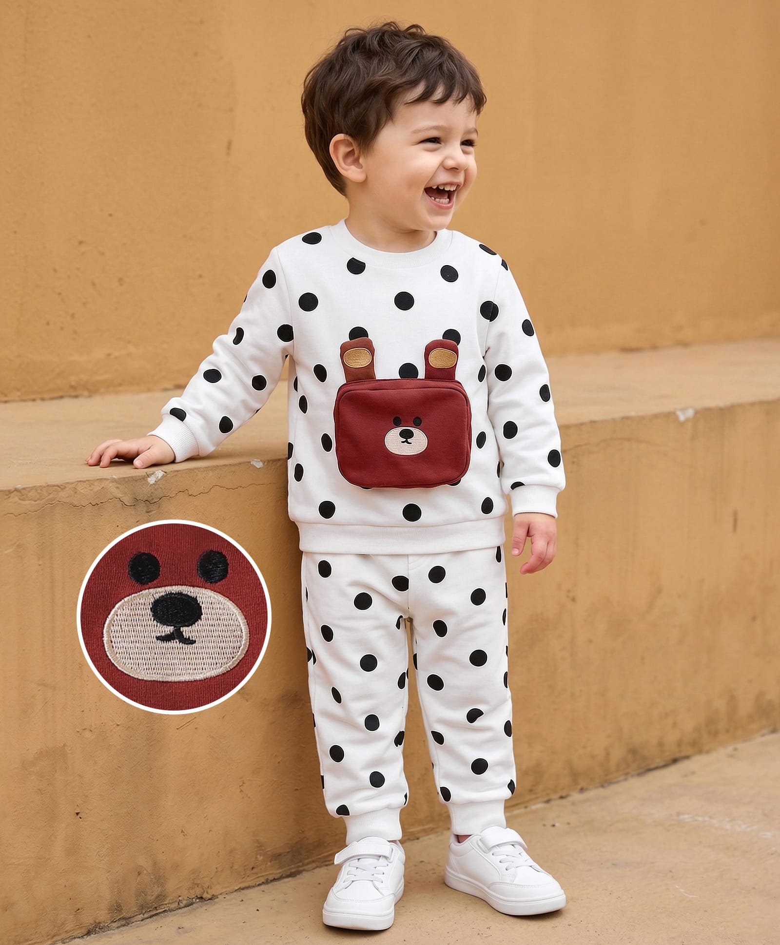 Mark & Mia Full Sleeves Winter Wear T-Shirt & Joggers Set with Animal Applique Pouch & Polka Dots - White-picture-22