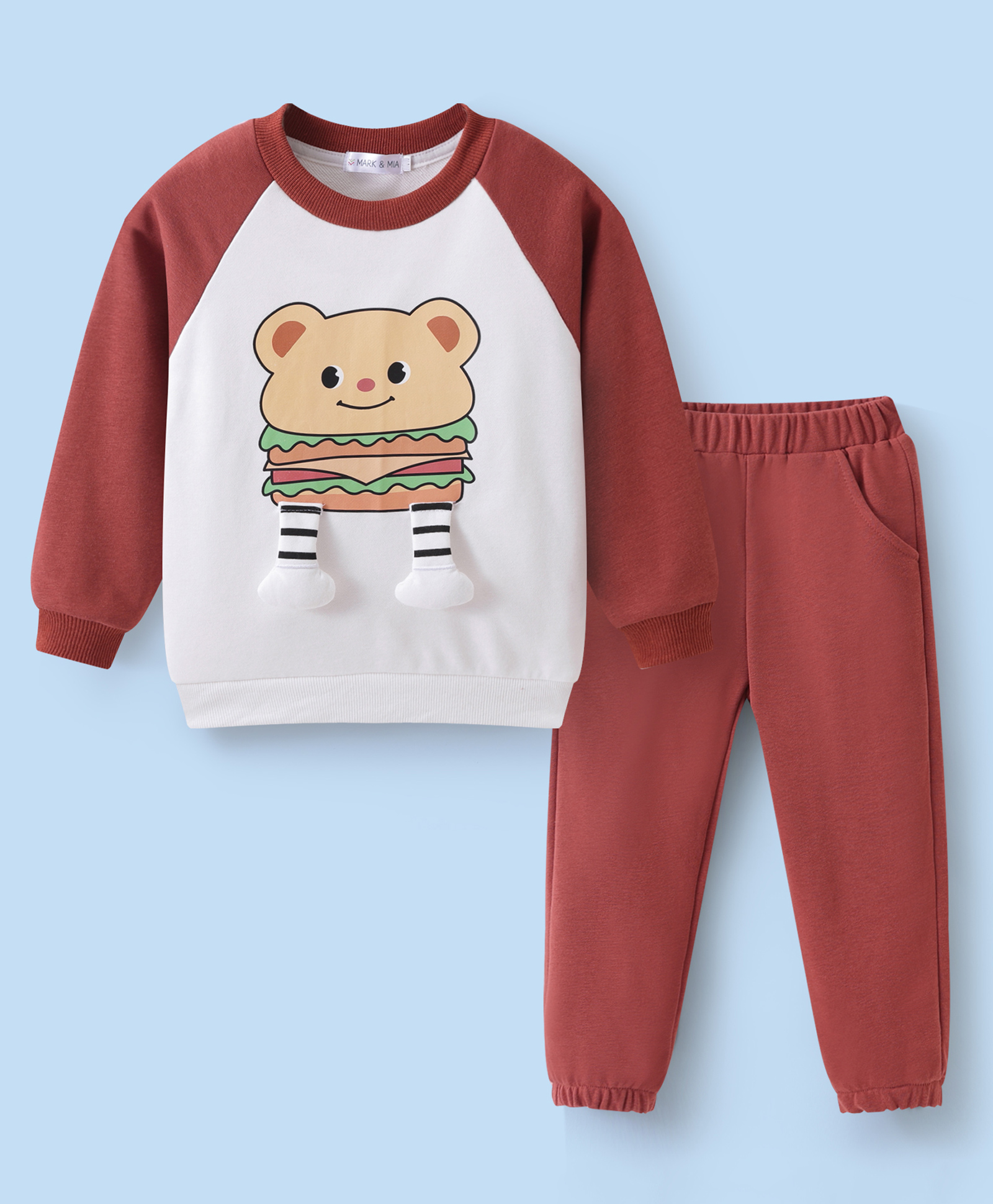 Mark & Mia Cotton Full Raglan Sleeves Winter Wear T-Shirt & Joggers Set with Animal Graphics Print & Applique Detailing - Rust Orange & White-image-17