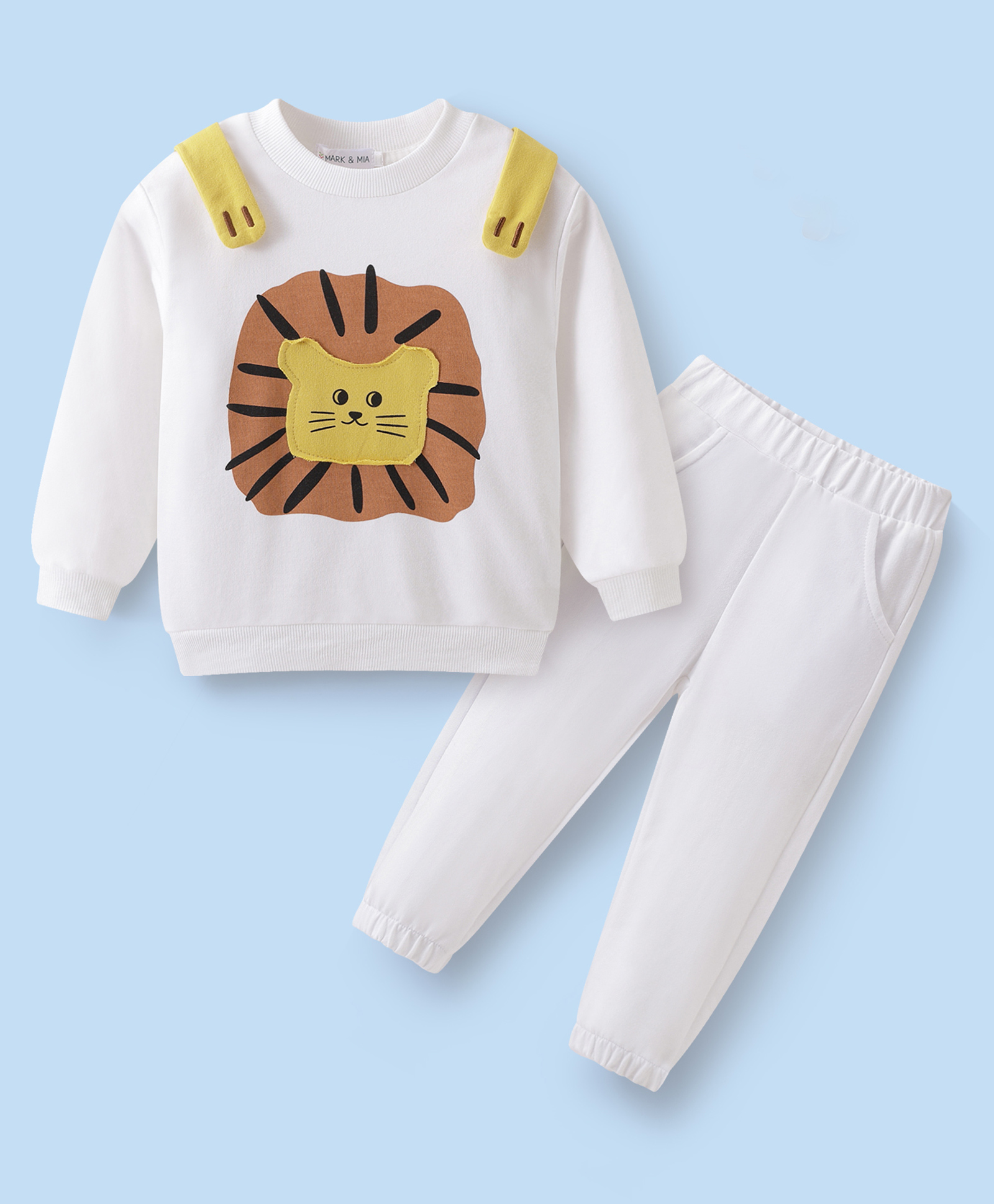 Mark & Mia Cotton Full Raglan Sleeves Winter Wear T-Shirt & Joggers Set with Animal Graphics Print & Applique Detailing - White-picture-14
