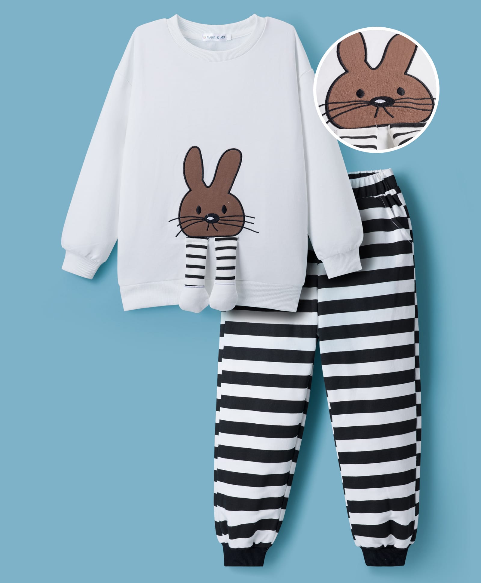 Mark & Mia Full Sleeves Winter Wear T-Shirt & Joggers Set With Bunny Applique - White & Black-image-27