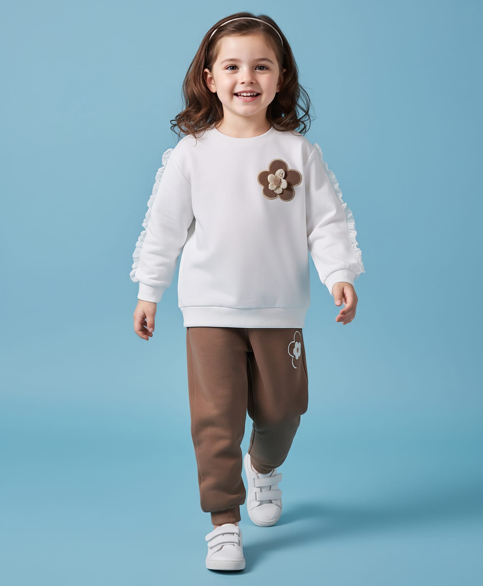 Mark & Mia Full Sleeves Winter Wear T-Shirt & Joggers Set With Floral Applique - White & Brown