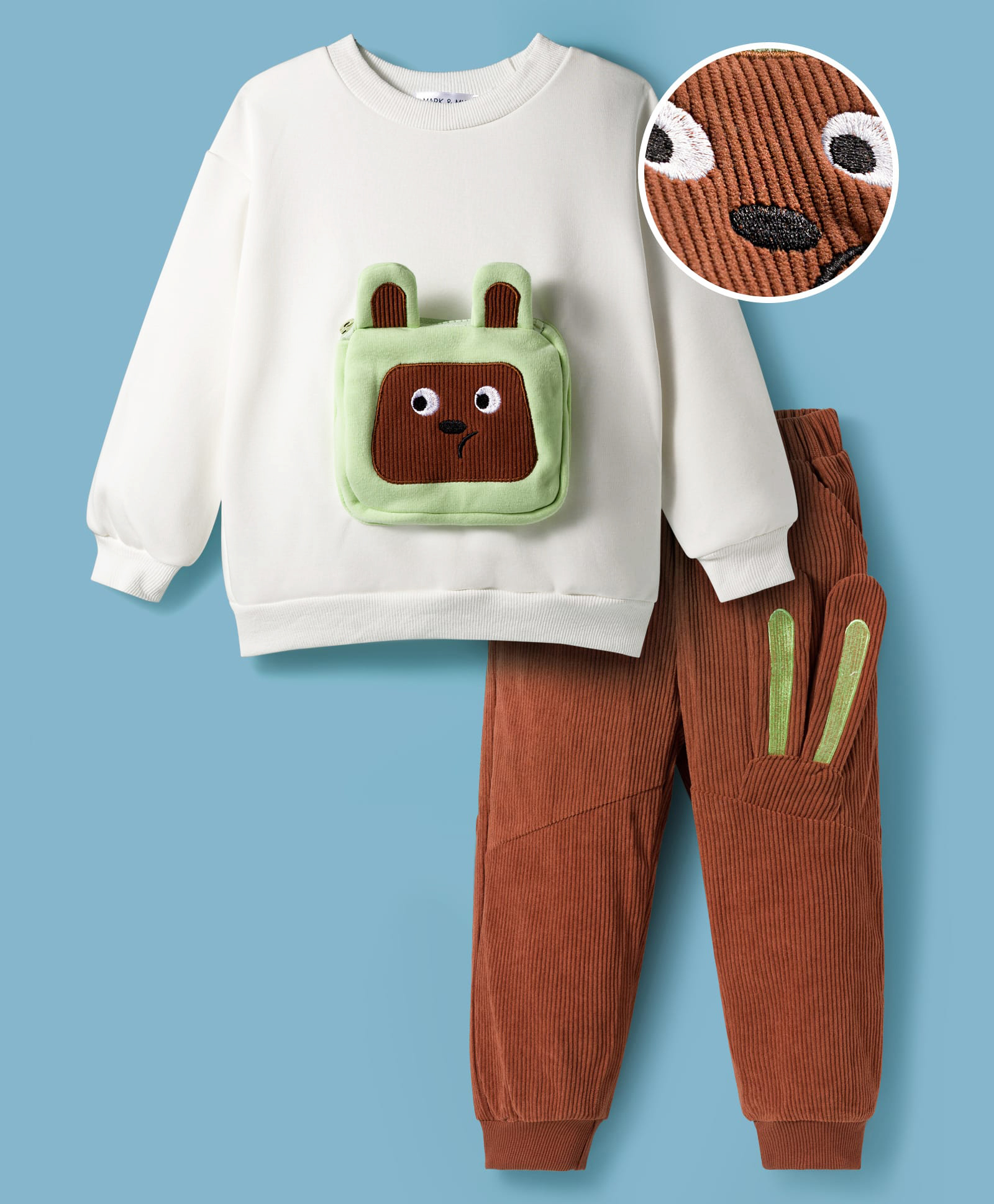 Mark & Mia Full Sleeves Winter Wear T-Shirt & Joggers Set with Pouch & Bear Applique - Brown & White-picture-26
