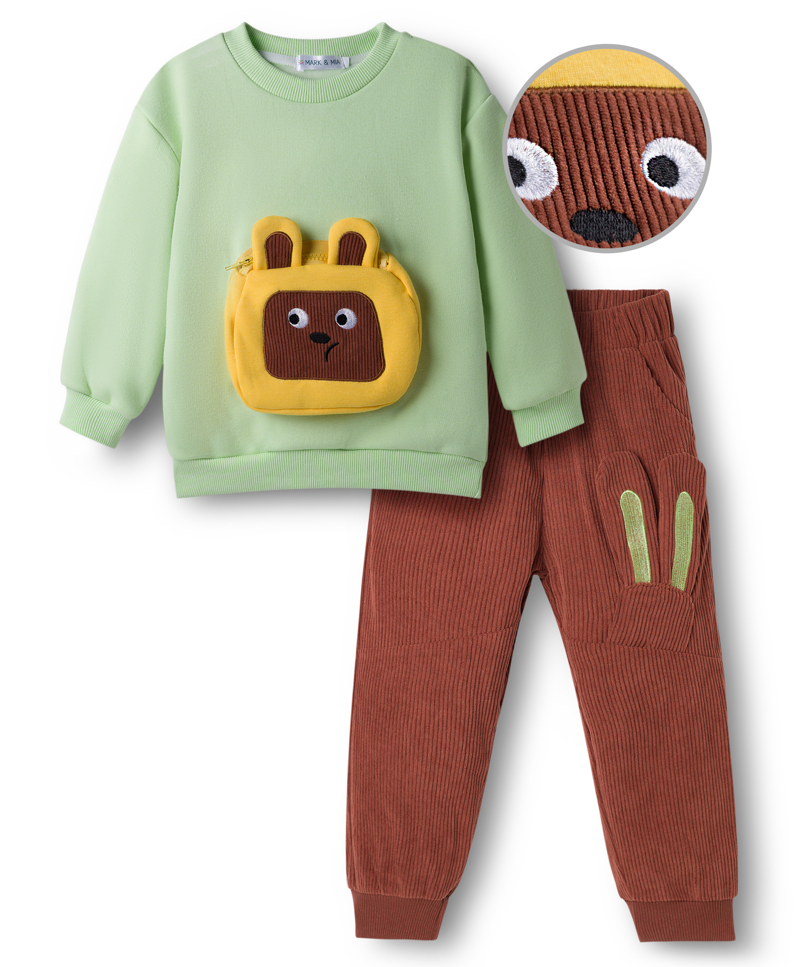 Mark & Mia Full Sleeves Winter Wear T-Shirt & Joggers Set with Pouch & Bear Applique - Brown & Light Green-picture-23