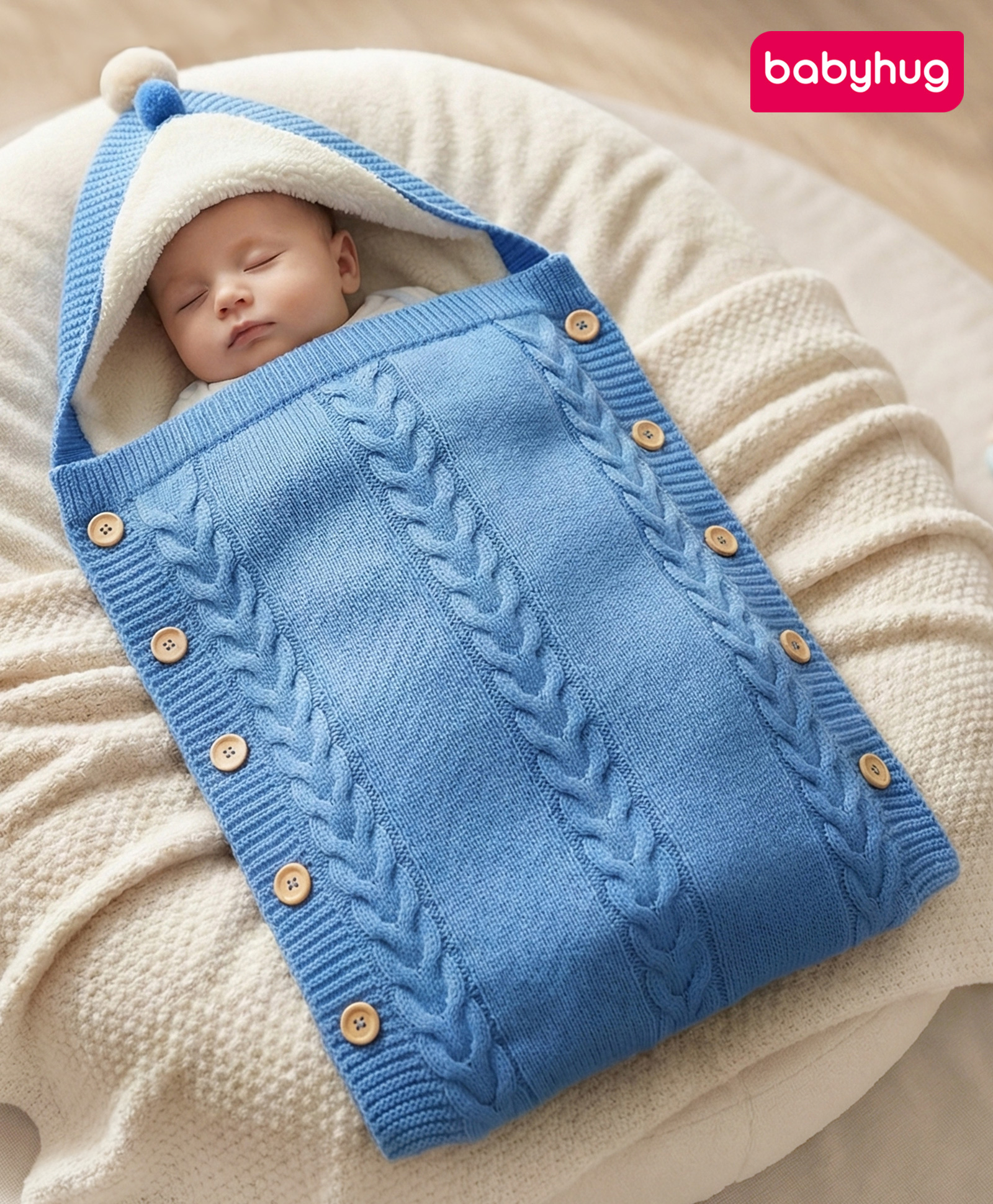 Babyhug Premium Hooded Knitted Blanket Sleeping Bag with Soft Fur Lining - Blue| Warm & Cozy Winter Wrapper| Machine Washable| Button Closure-image-47
