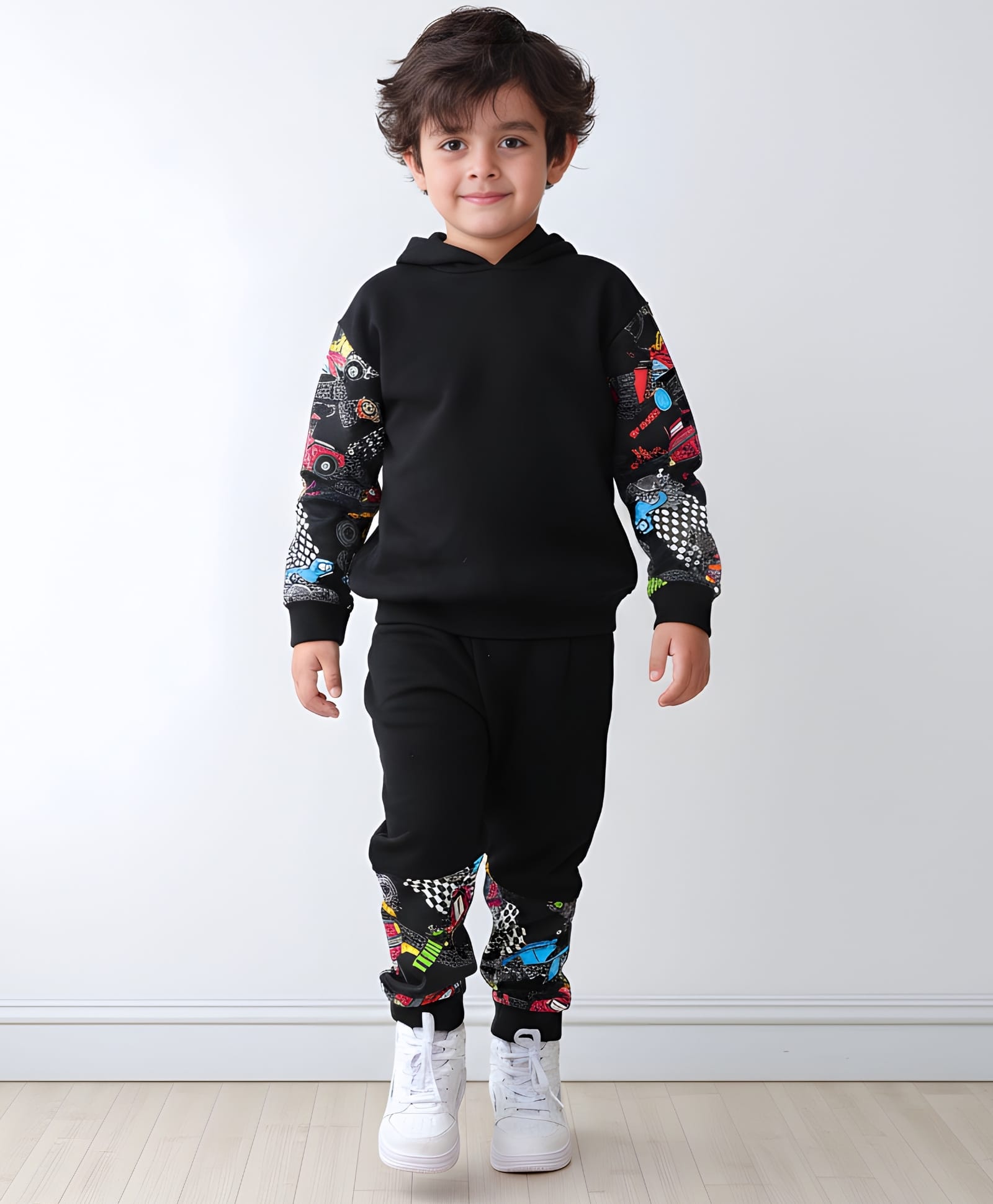 Anthrilo Fleece Knit Full Sleeves Race Themed Printed Coordinating Hoodie & Jogger Set - Black