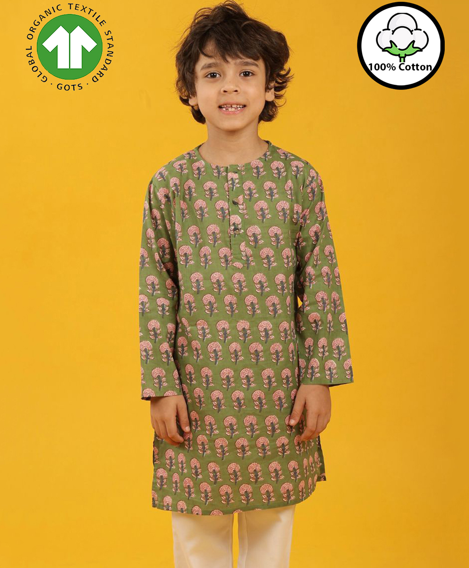 Anthrilo 100% Cotton Woven Full Sleeves Floral Printed Kurta - Green-image-7