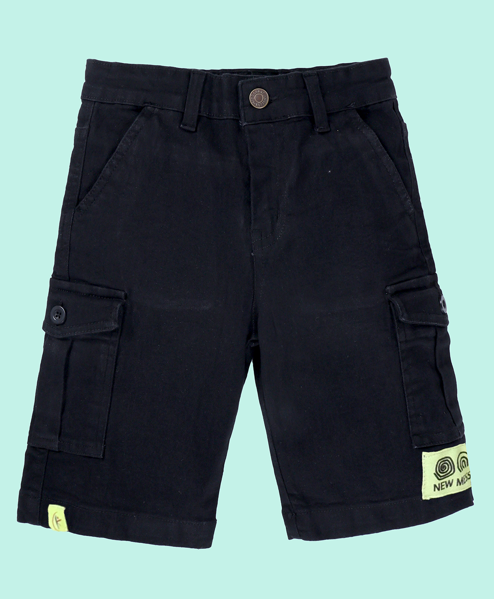 Kiddopanti Denim Solid Cargo Shorts - Black & Neon Green-picture-32