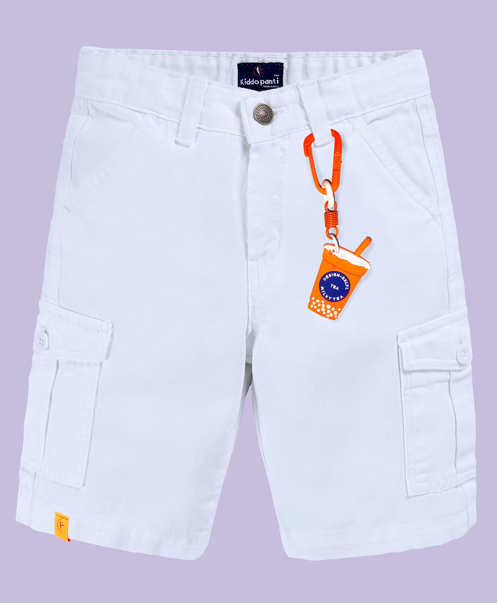 Kiddopanti Denim Solid Cargo Shorts With Tea Cup Key Chain Set - White & Neon Orange-picture-22