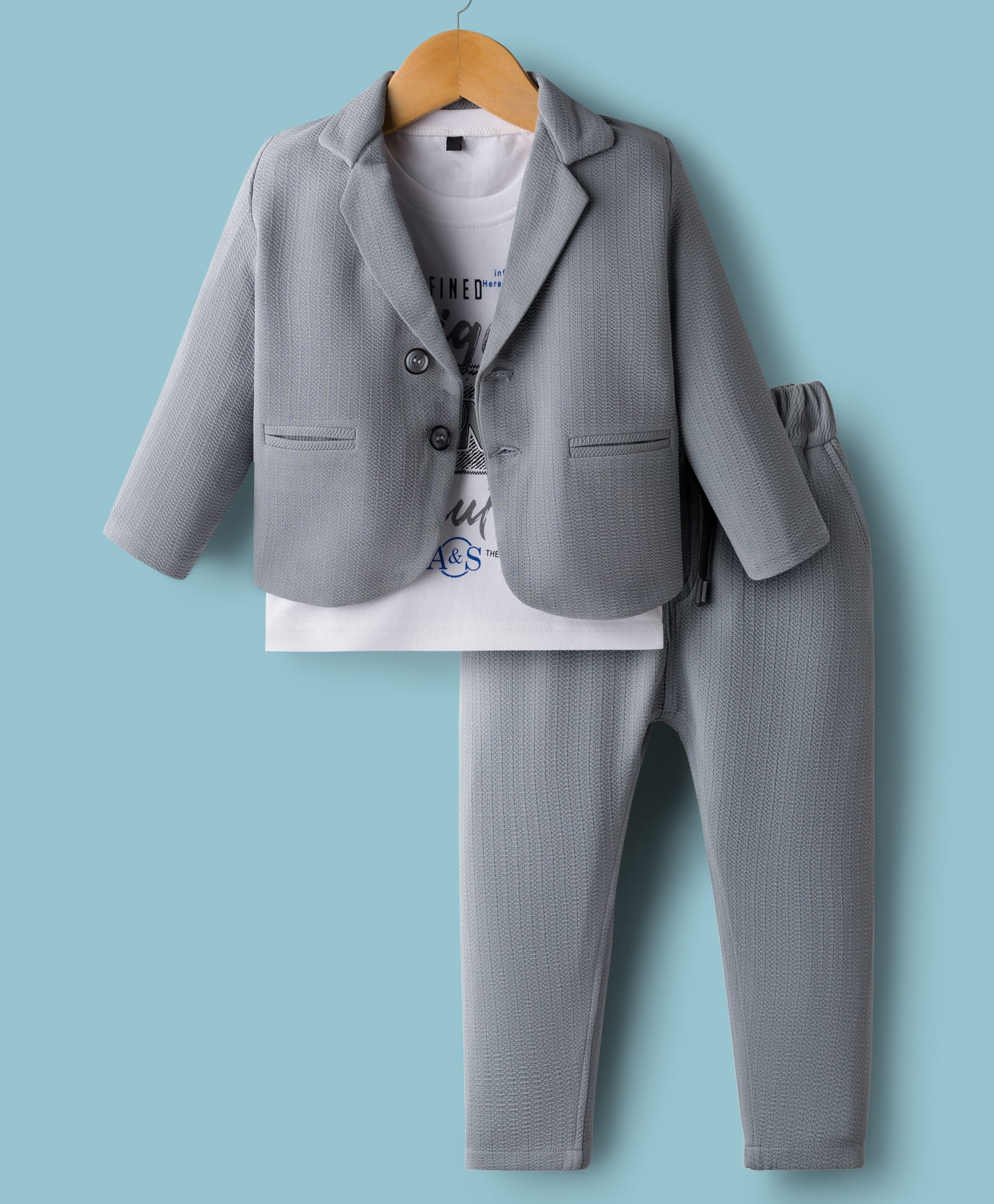 Rikidoos Full Sleeves Textured Blazer & Pant With Typography Printed Tee Set - Light Grey & White-picture-34