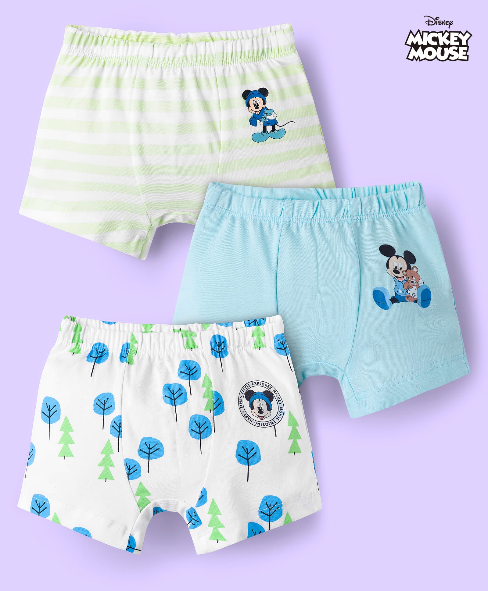 Babyhug Disney Lycra Knit Trunks with Mickey Mouse Graphic Pack of 3 - Light Blue White & Light Green-image-26