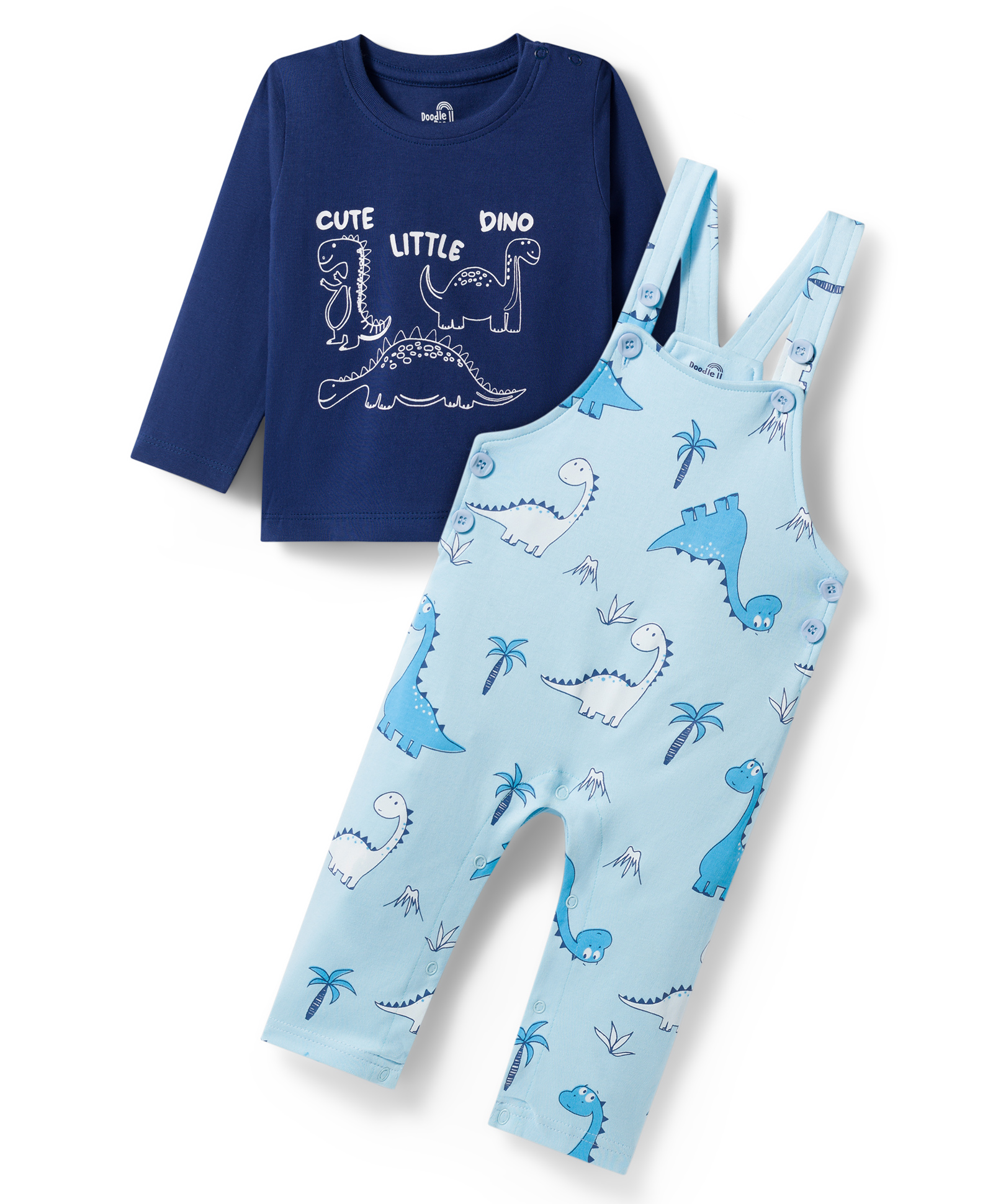 Doodle Poodle 100% Cotton Single Jersey Knit Dungaree & Full Sleeves Inner Tee With Dino Print - Blue-image-14