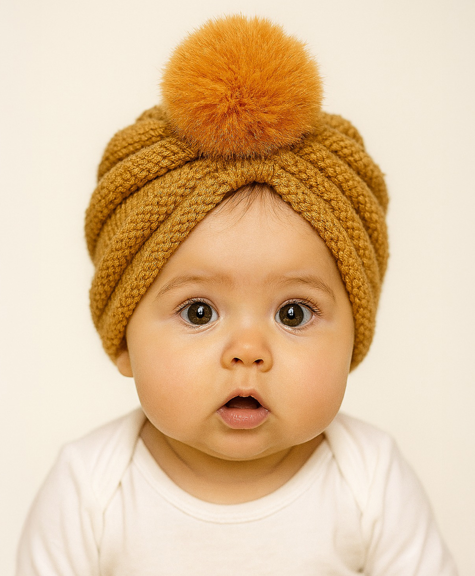 The little lookers Soft Woollen Knitted Pom Pom Appliqe Detailed Turban Cap - Beige - Circumference 36 Cm-picture-16