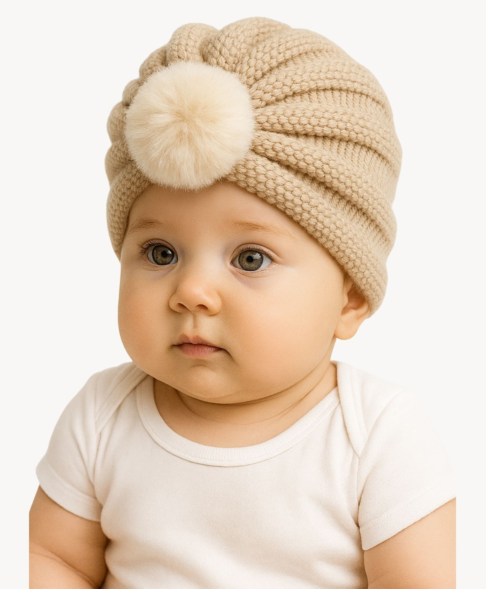 The little lookers Wool Knit Pom Pom Applique Detailed Turban Cap - Off White - Circumference 36 Cm-image-28